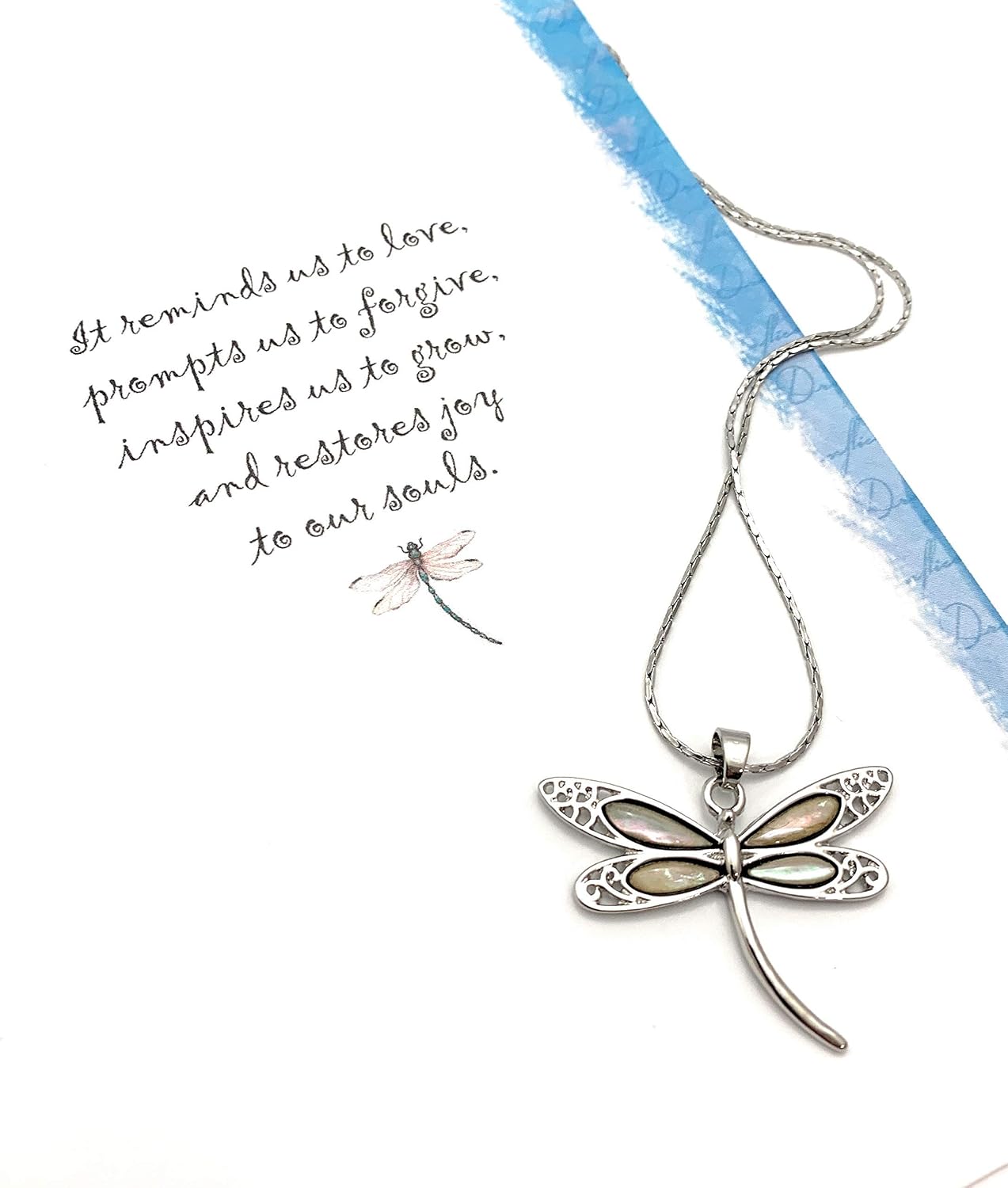 Smiling Wisdom - White Abalone - Restores Hope & Joy - Uplifting Dragonflies Greeting Card and Shell Dragonfly Gift Set - Woman, Teen - Stainless Steel Cobra Chain - Silver & White