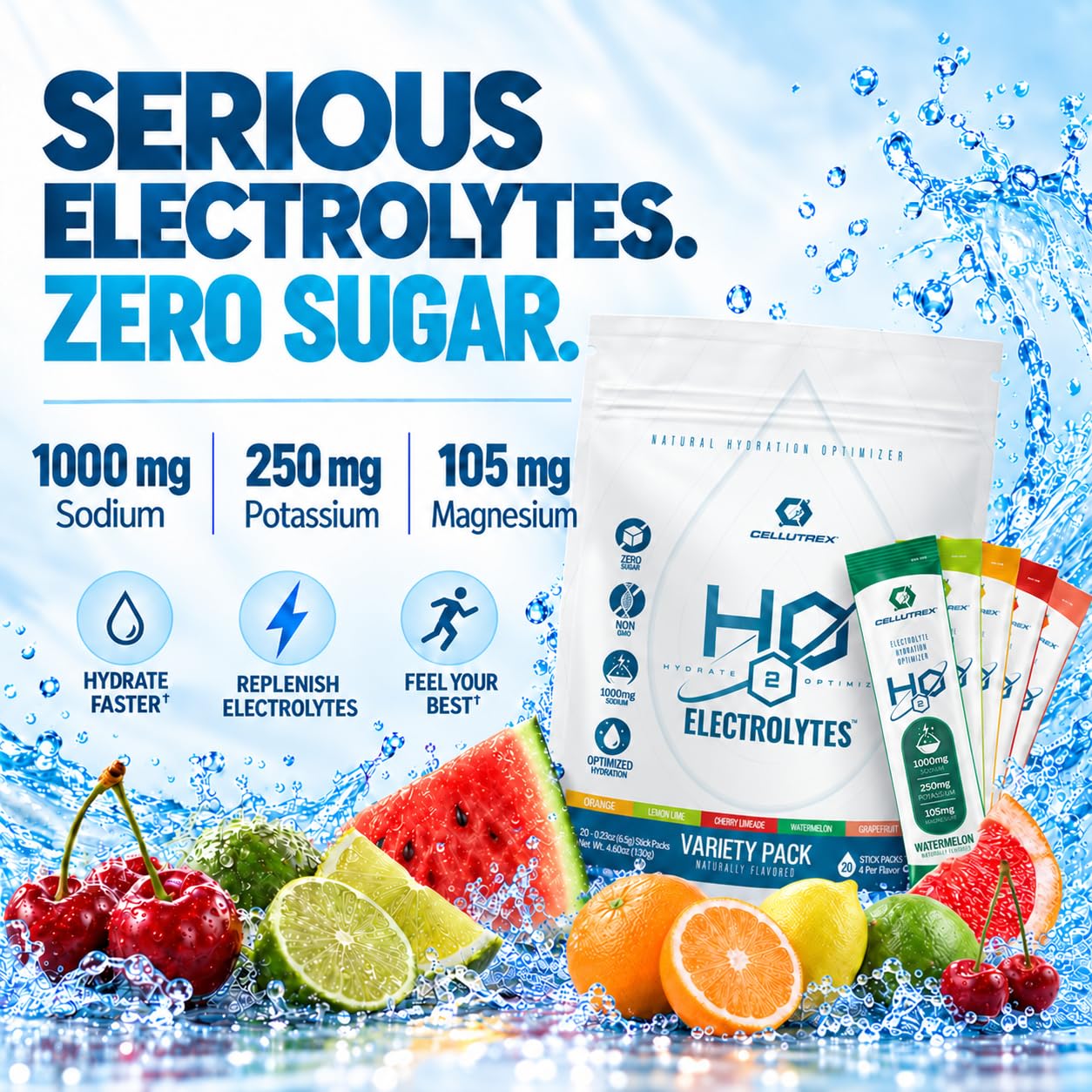 Cellutrex® H2O Electrolytes – Electrolyte Powder Drink Mix, Zero Sugar, Natural Himalayan Salt Hydration Packets for Recovery and Wellness, FSA-HSA, Variety Pack, 20 Sticks — Amazon image 3