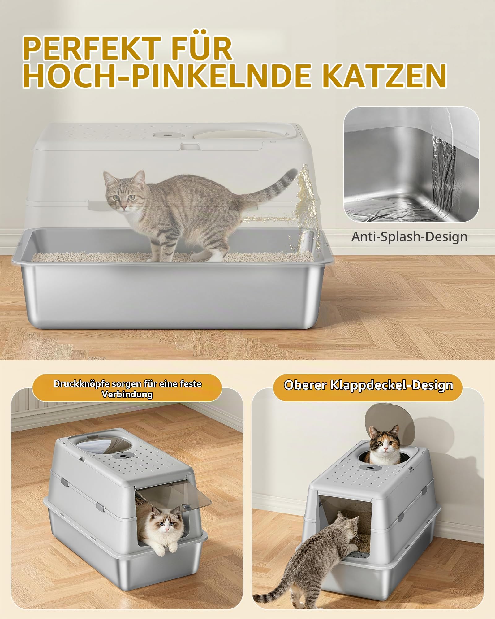Hzuaneri Edelstahl Katzenklo XXL mit Deckel, Doppeltür, 60 × 40 × 42 cm, Geschlossenes Katzentoilette mit Schaufel Fußpedal, Leicht zu Reinigen, Auslaufsicher, Hellgrau LB89899G