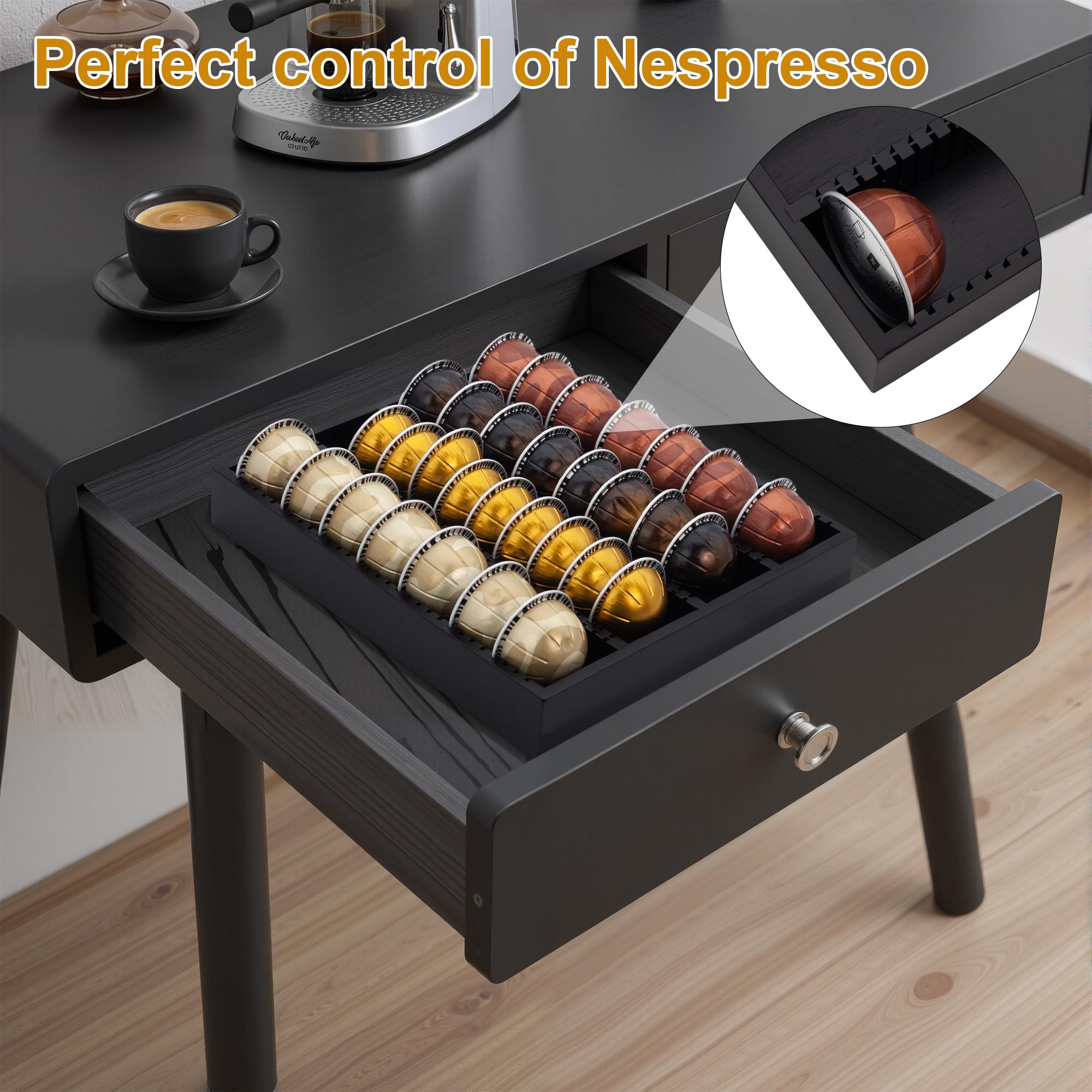 MinBoo Bandeja de almacenamiento de cápsulas de café de bambú, organizador de inserto de cajón de bambú para cápsulas de café, compatible con cápsulas Vertuoline, adecuado para cocina, hogar, oficina