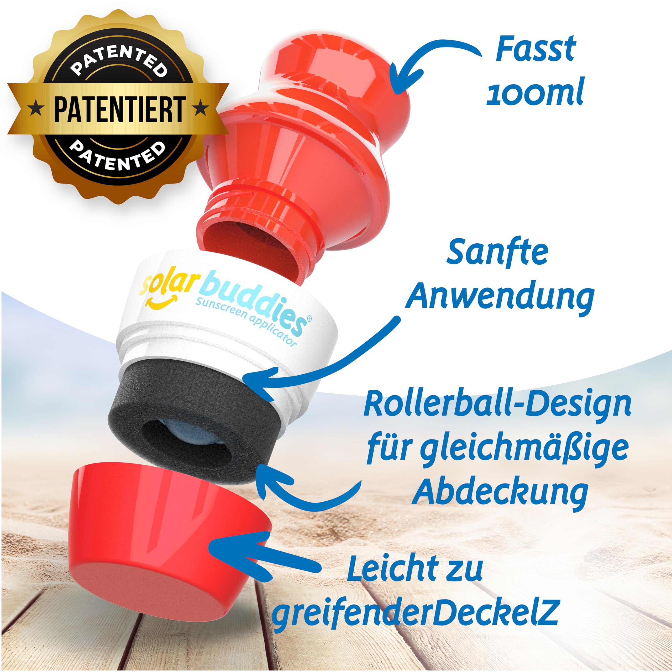Solar Buddies Sonnencreme-Applikator - VollRot & VollSchwarz - Nachfüllbarer Roll-on Schwammapplikator für Sonnencreme, Sonnenmilch & Lotion für Kinder, Erwachsene & Familien - Fasst 100ml