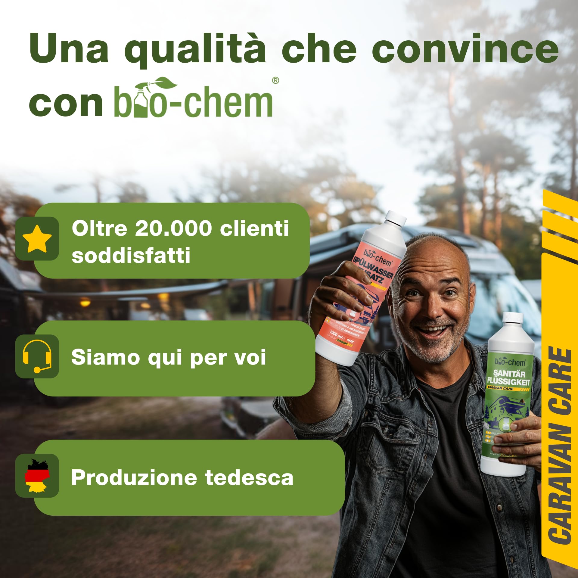 bio-chem - Set di Prodotti detergenti per WC di Camper e roulotte - Liquido Sanitario 1L e Additivo Sanitario 1L - Nuova Formula con microrganismi per WC chimici da roulotte