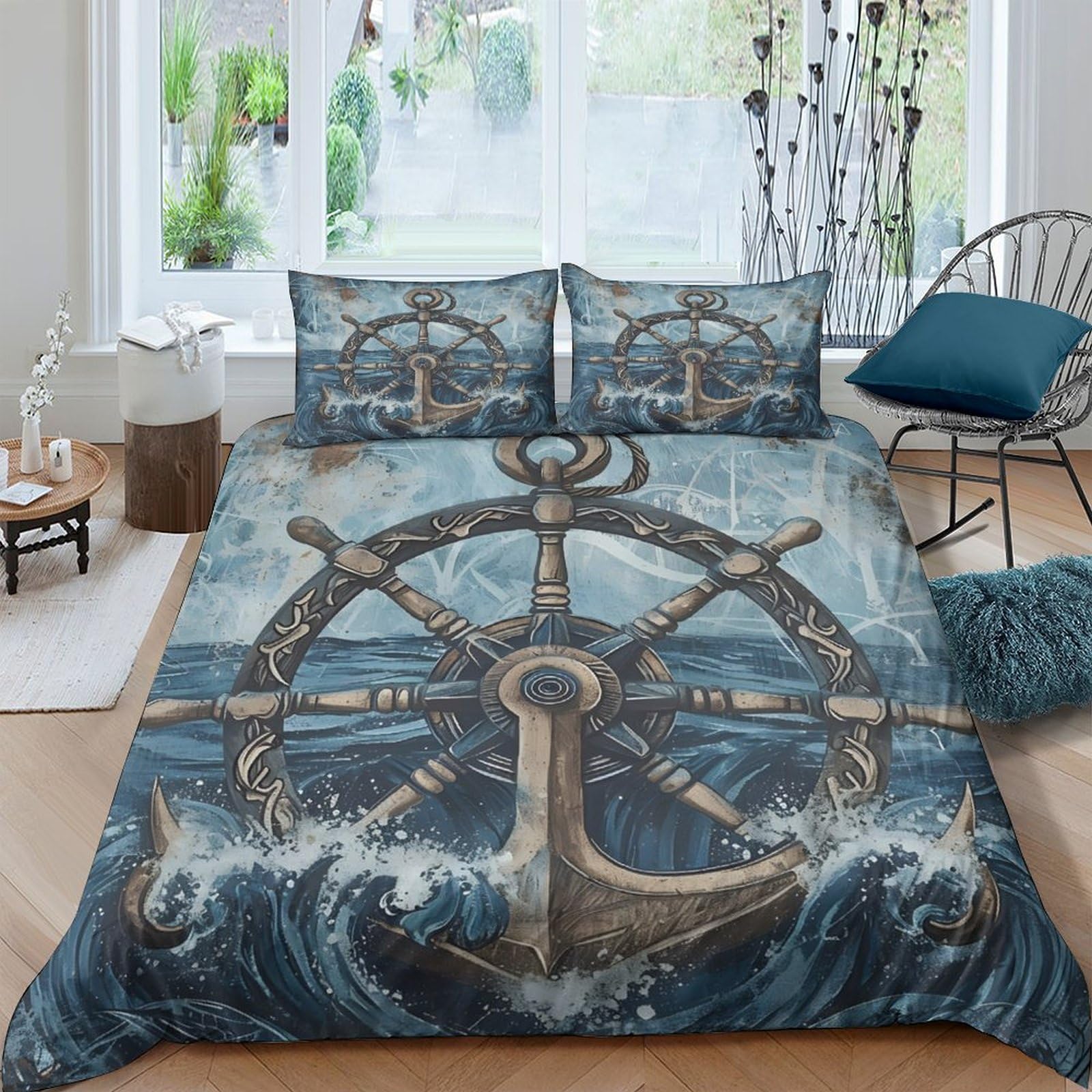 Parure de lit nautique avec housse de couette 3D et taies d'oreiller pour couchage deux personnes