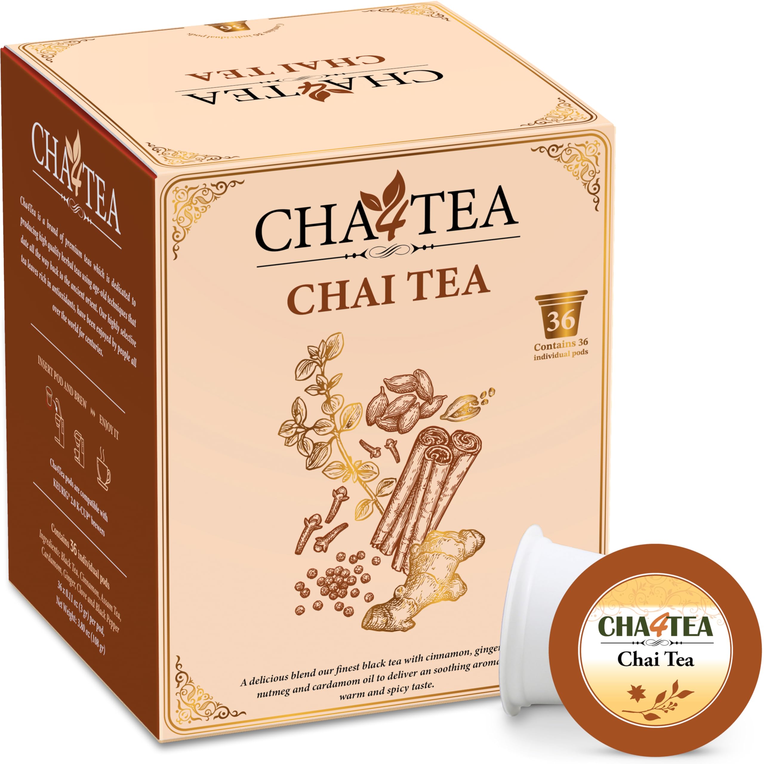 Cha4TEA 36-Count Chai Black Tea Pods for Keurig K-Cup Brewers
