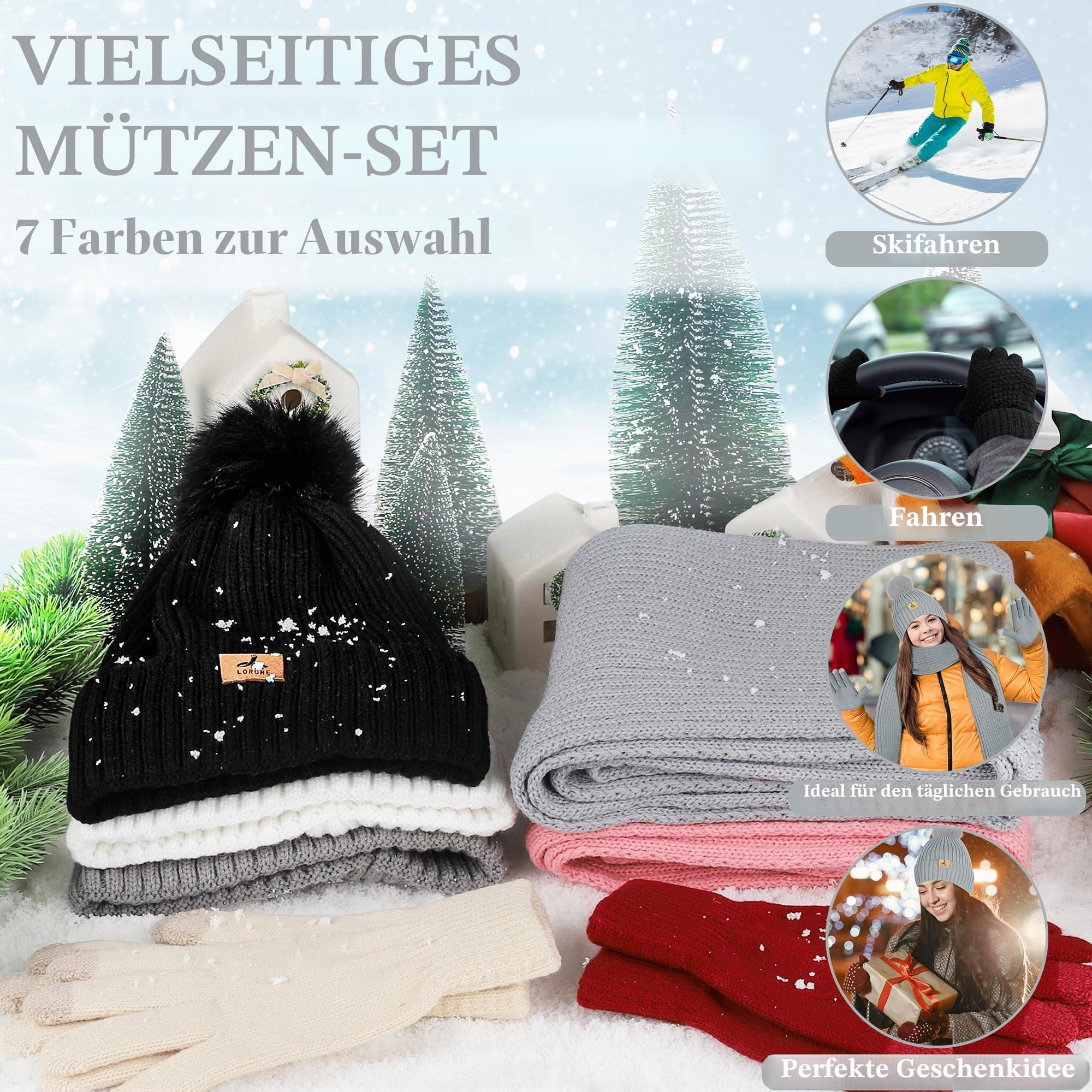 LOROME Damen Winter Beanie Mütze Schal Handschuhe Set Fleece Strick Pompon Mütze Warm Halstuch Touchscreen Handschuhe Winter Geschenk