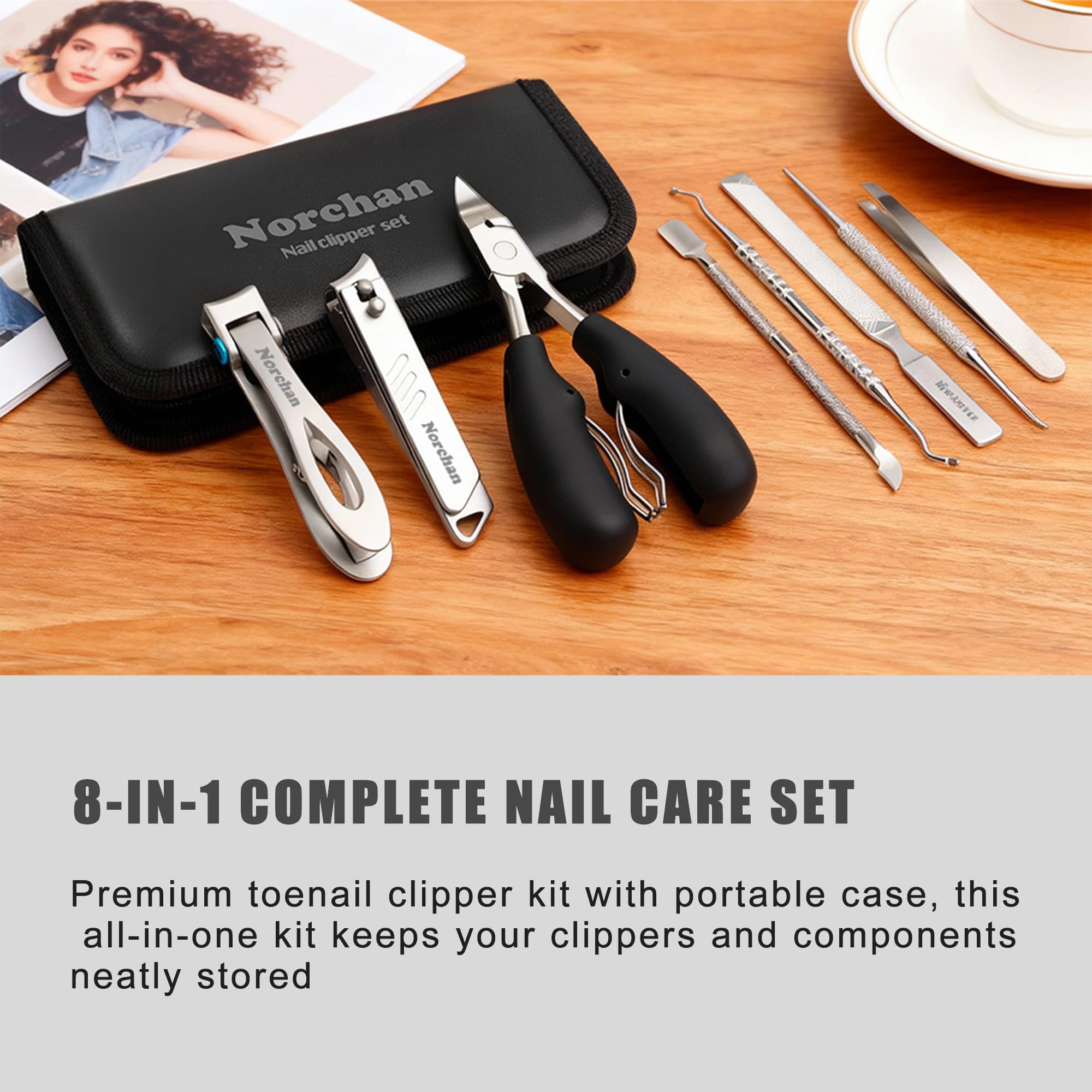 Heavy Duty Nail Clipper Set with Case, Stainless Steel 8-Piece Grooming Kit