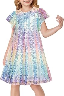 Girls Sequin Dress Short Flutter Sleeve Flare Silhouette Midi Dress with Hairbow 5-12Y - Buy now