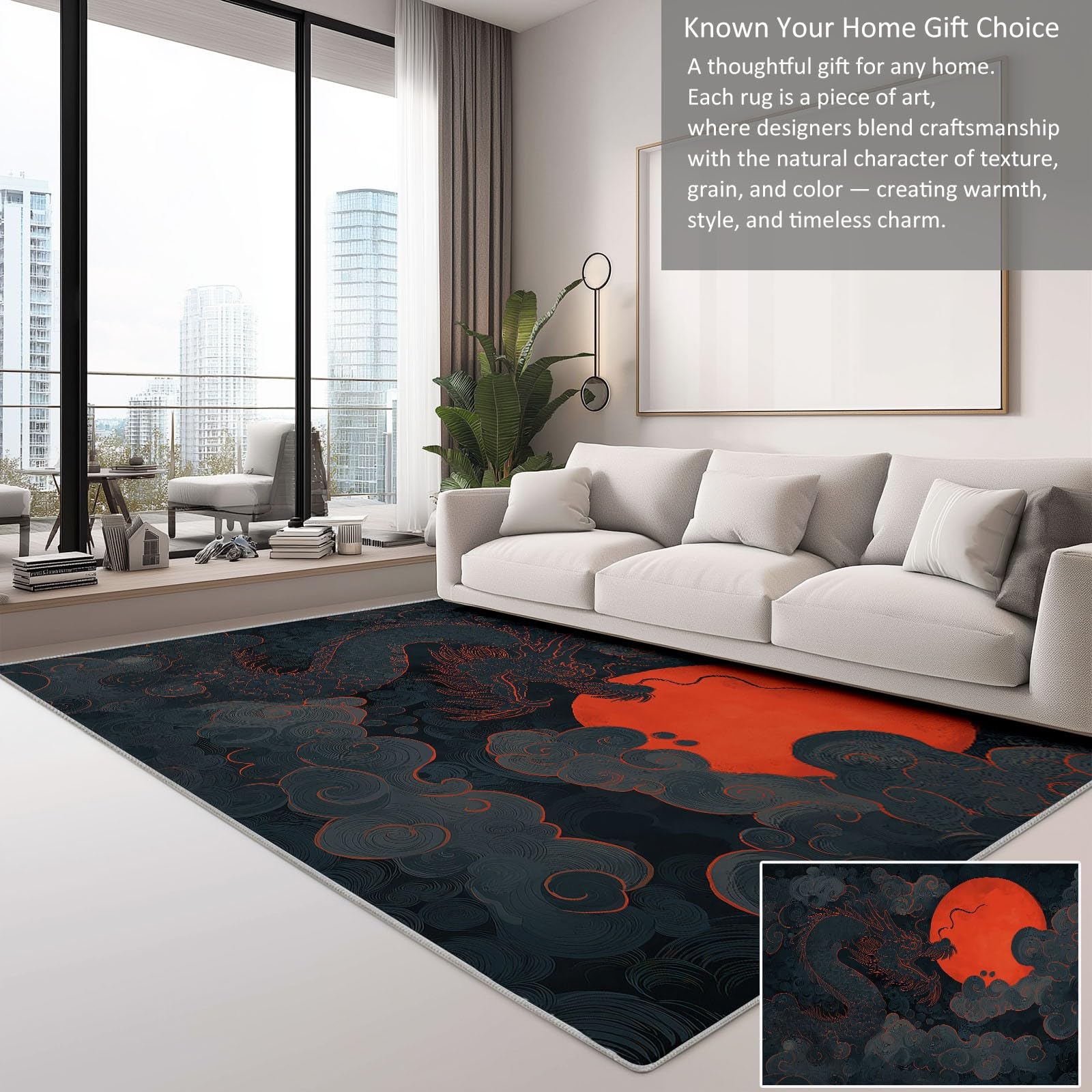 Générique Tapis de Salon 160 x 230 cm Dragon Chinois Fantastique Lune Rouge, Tapis Peinture À L’Encre Antidérapant, Paillasson Interieur Entree à Poil Ras Moquette pour Chambre Bureau Cuisine