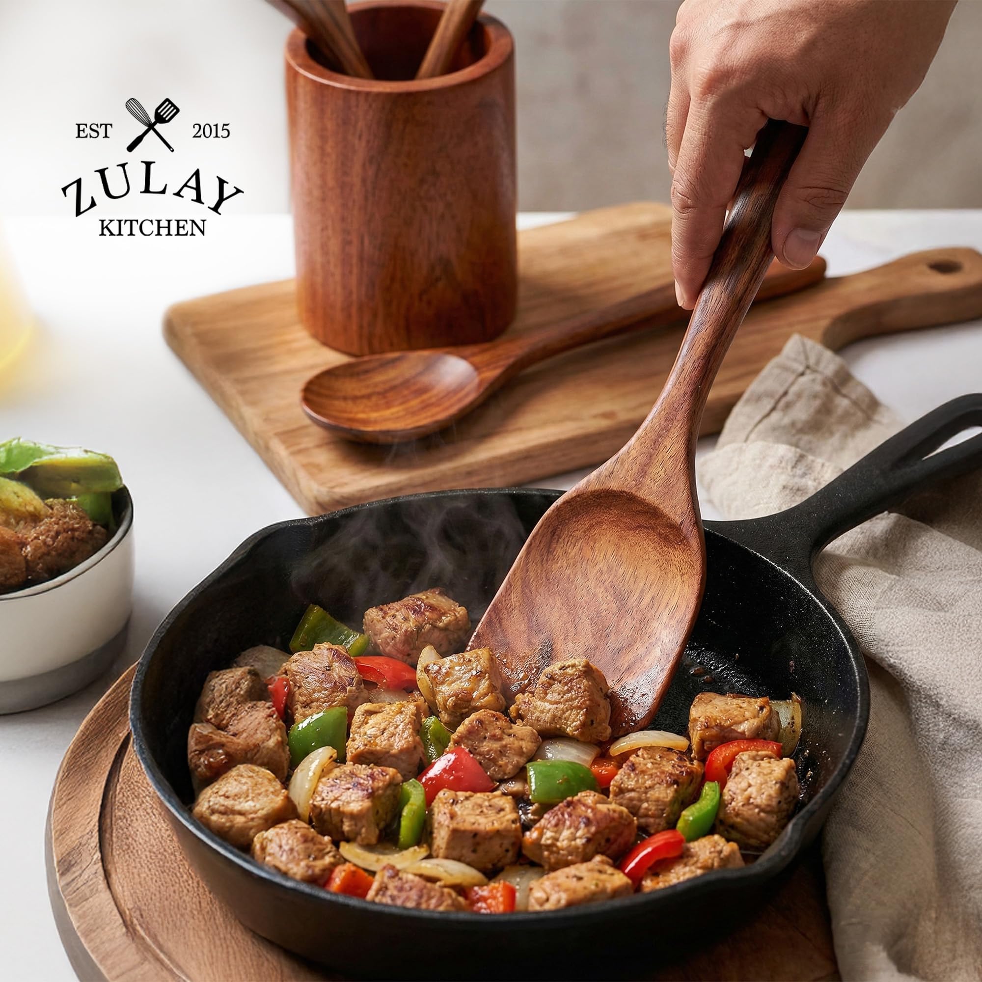 Zulay Kitchen 7 cucharas de madera de alta calidad para cocinar, utensilios de madera de teca con acabado suave para cocinar, madera de teca natural con acabado suave, utensilios de cocina de madera