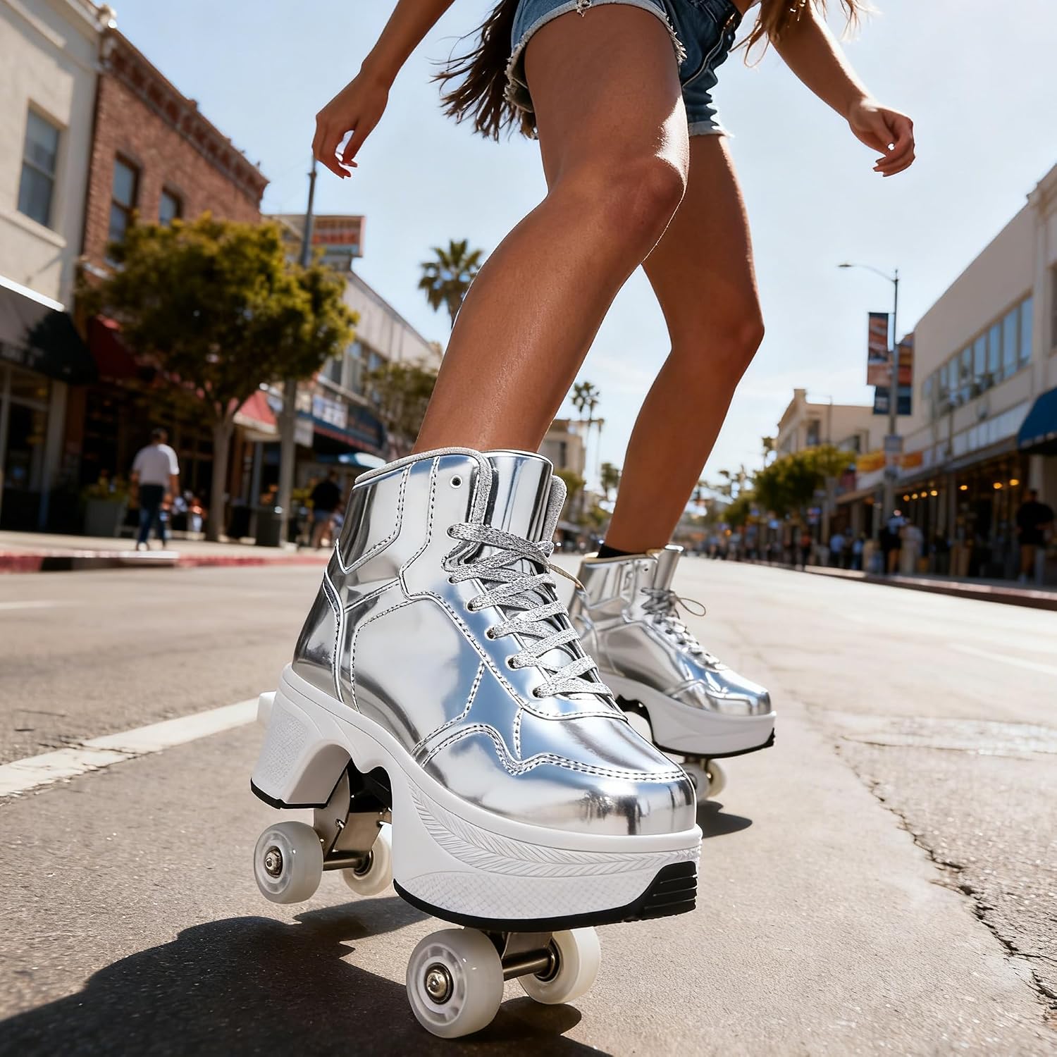 4 Wheel Pop-Up Roller Skate Shoes for Women Men Girls Boy Fashion Outdoor Indoor Quad-Skates for Kids & Adults