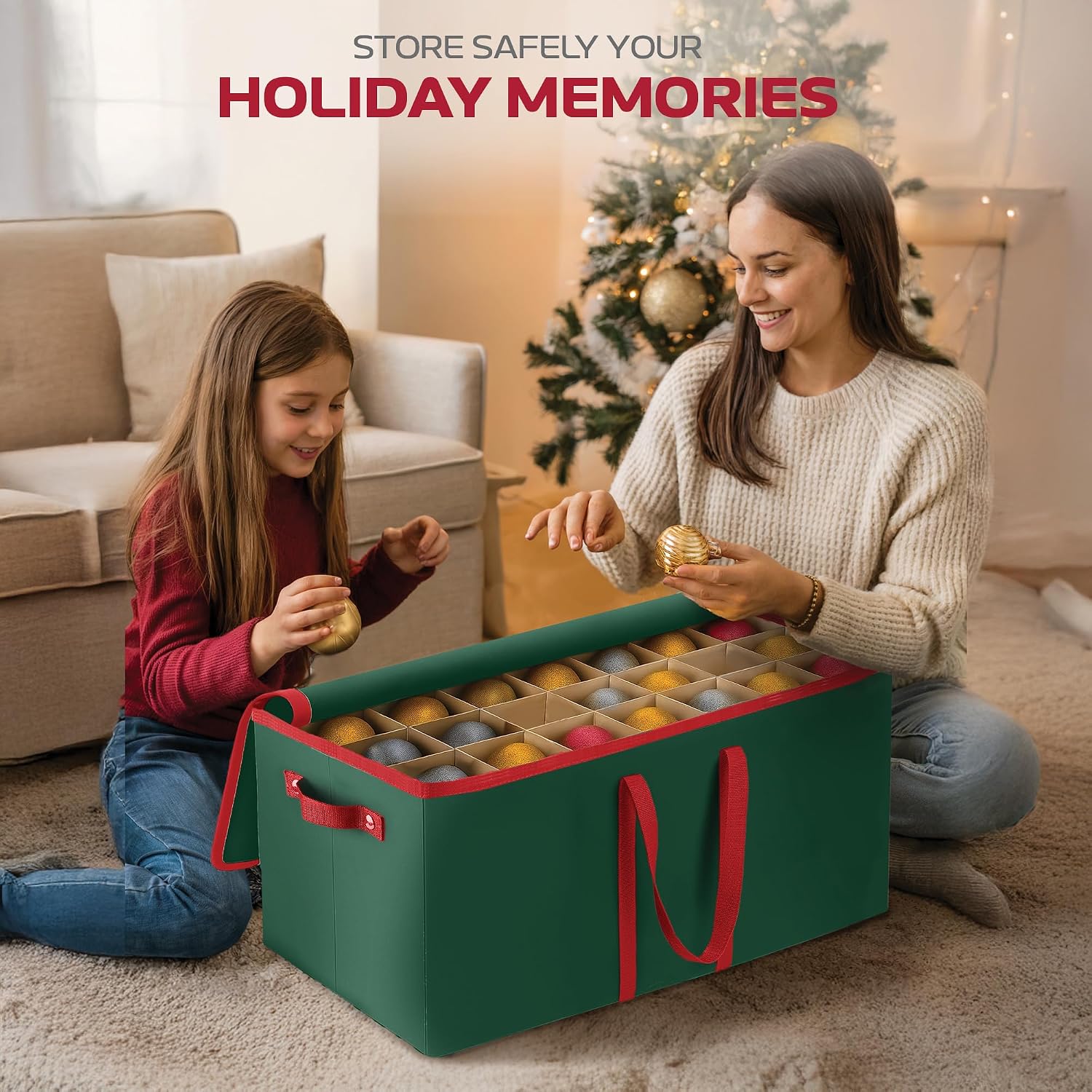 128 Ornament Storage Box, Adjustable Dividers, Stackable Holiday Ornament Organizer with Lid, Durable Fabric Bin for Christmas Decorations – Reinforced Handles, Dustproof, Space-Saving Design
