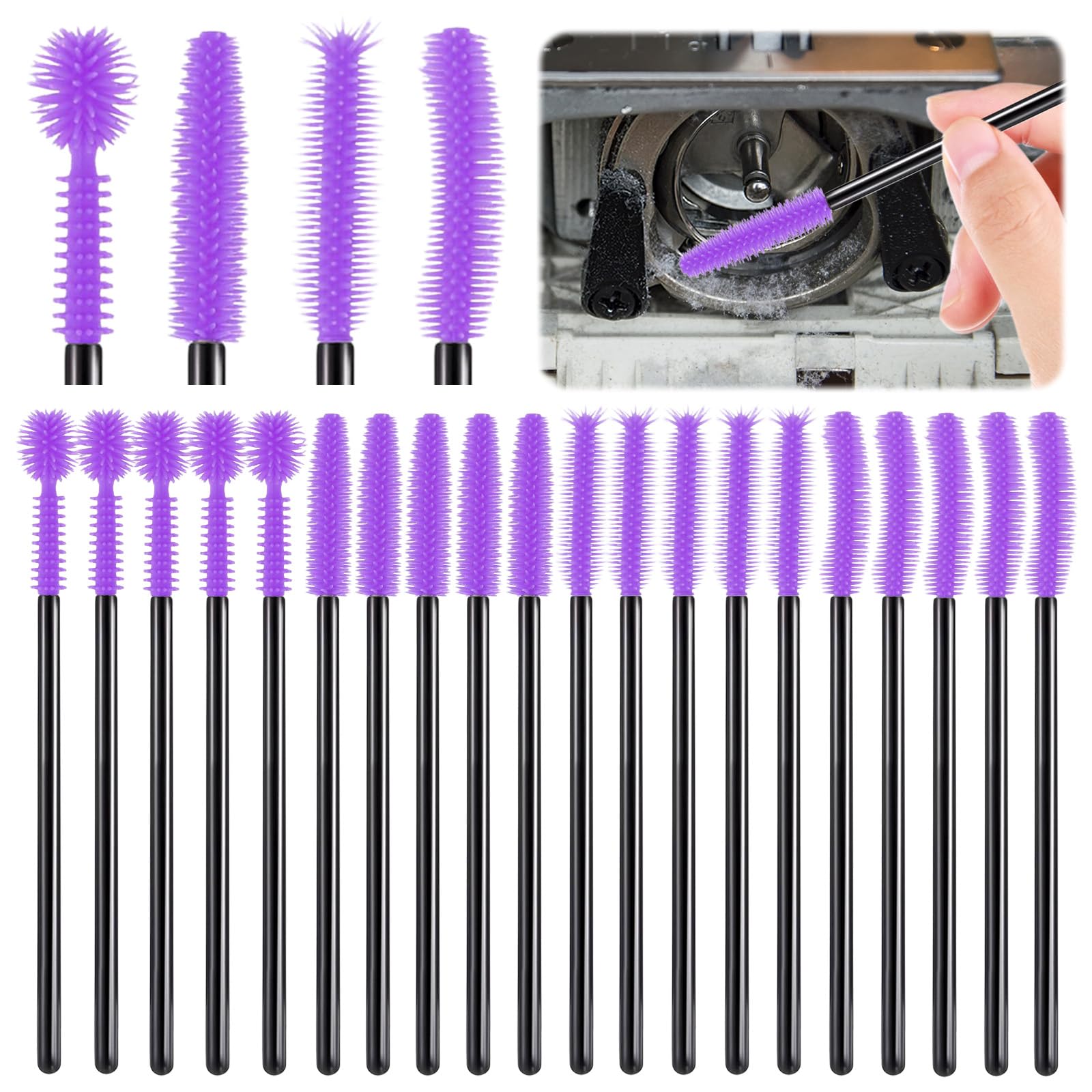 Cepillos de limpieza para máquinas FJW, reutilizables, de silicona, con cerdas densas, para limpiar el interior de la máquina de coser y el área del carrete, herramientas de limpieza para cada rincón y grieta de la máquina de coser, 20 unidades, morado