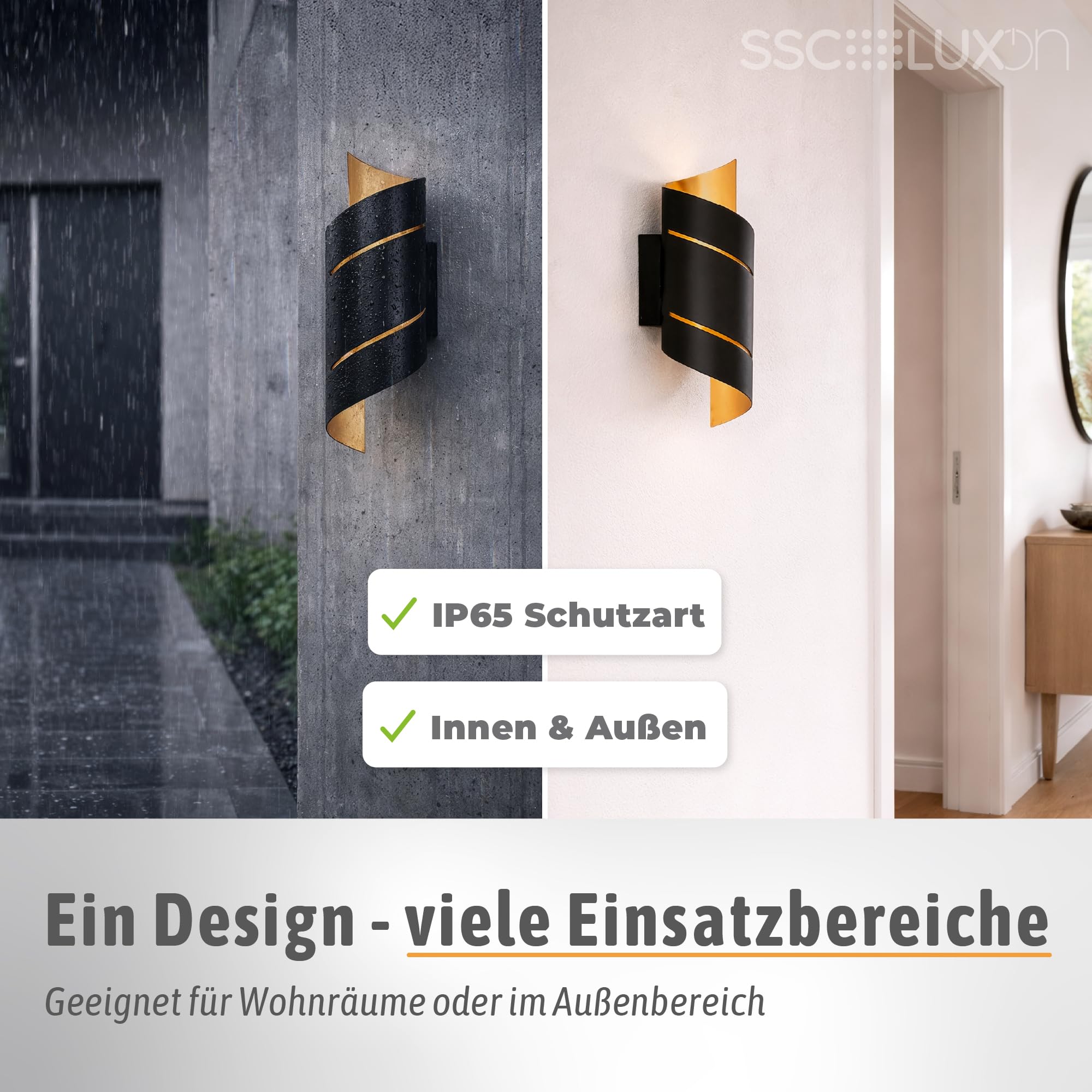 SSC-LUXon REVIA Wandleuchte schwarz-gold 30cm Up & Down warmweiß IP65 | Wandleuchte schwarz-gold mit Spiral-Design - warmweißes Up-Down-Licht, für Innen & Außen, Hauswand, Treppenhaus & Flur, IP65