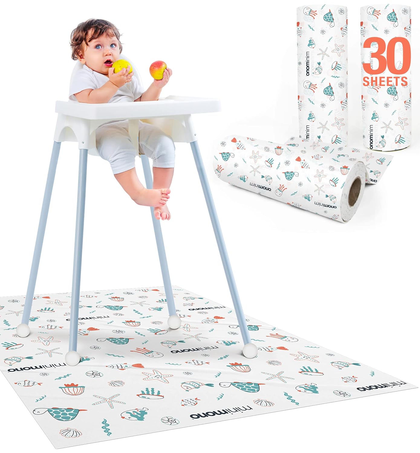Minimono Disposable Baby Splat Mats 30 Pack - Waterproof 40x47" Under High Chair, Picnic, Crafts - BPA-Free Recycled Sea Animals Design