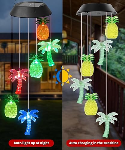 Miniatura 2 de DOUBLEZHE Campanillas de viento solares, campanillas de viento que cambian de color para exteriores, palmera y piña, regalos para mamá, mujeres,