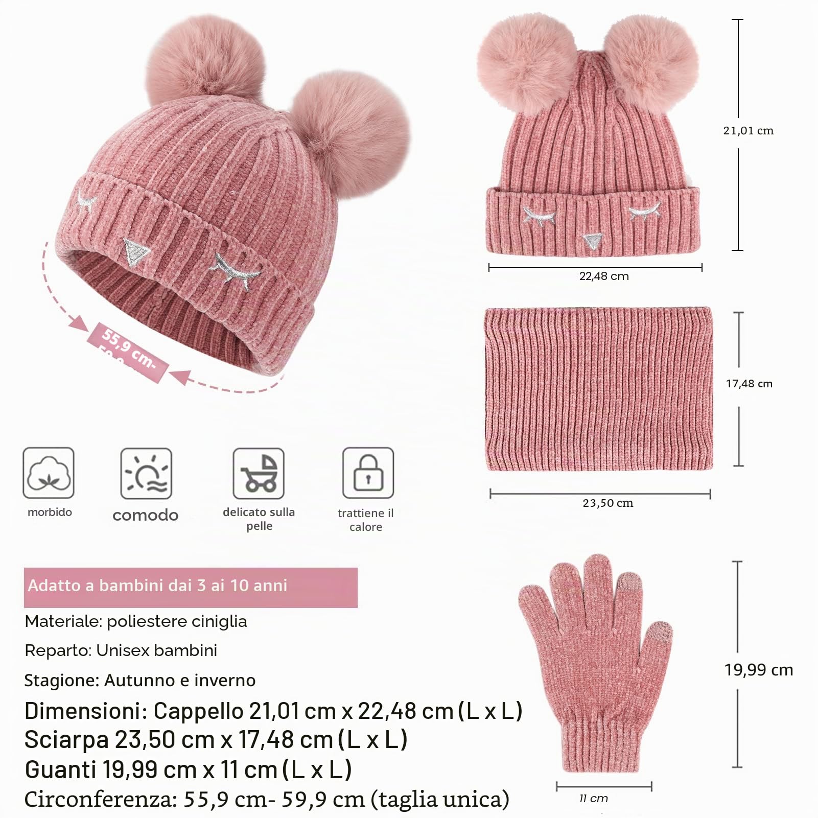 Bambino Bambina Invernale Termico Cappello Berretto Beanie con Pompom Sciarpa Scaldacollo in Maglia Guanti Touch Screen Set per 3-10 Anni Bambini