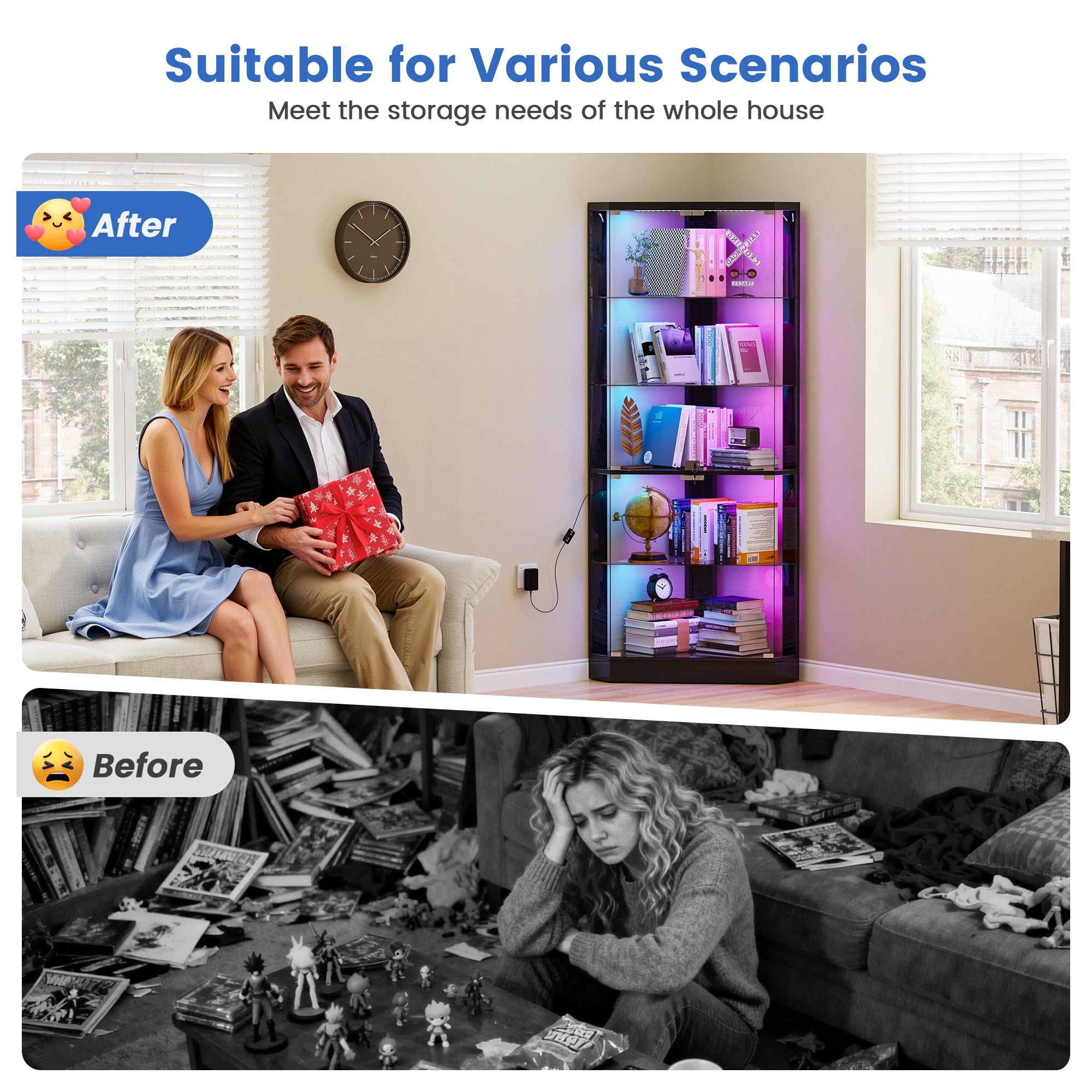 Lvifur Eckvitrine mit LED Beleuchtung & Glastüren für Sammlervitrine und Wohnzimmer, Vitrinenschrank mit Menschlicher Sensor für Schlafzimmer Studierzimme,175cm 5-Lagen Glasvitrine Schwarz