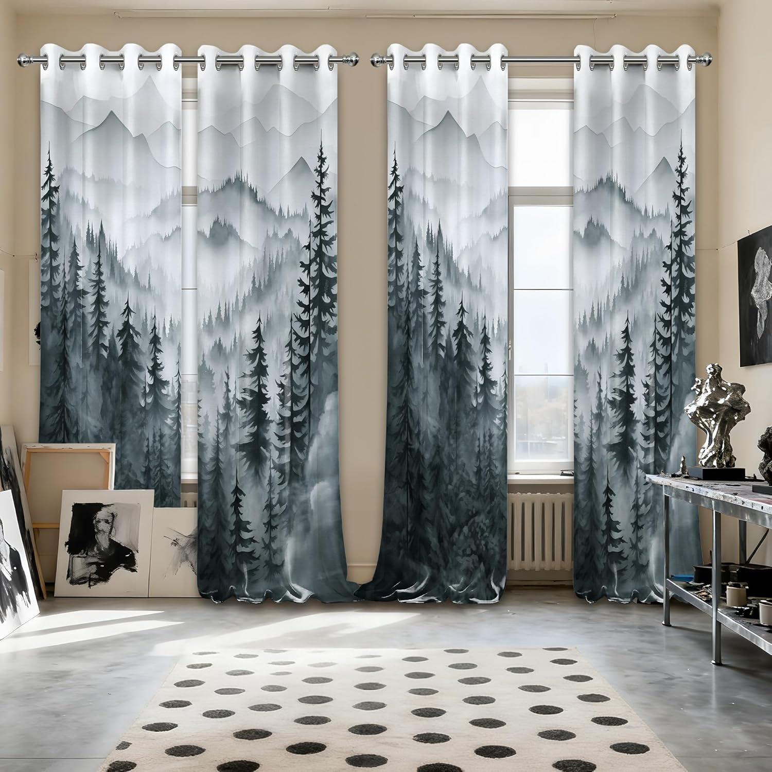 Grey Forest Blackout Curtains, Cool Black and White Gray Window Drapes for Mens Bedroom Living Room, 96 inch Length 2 Panels Set，52x96in