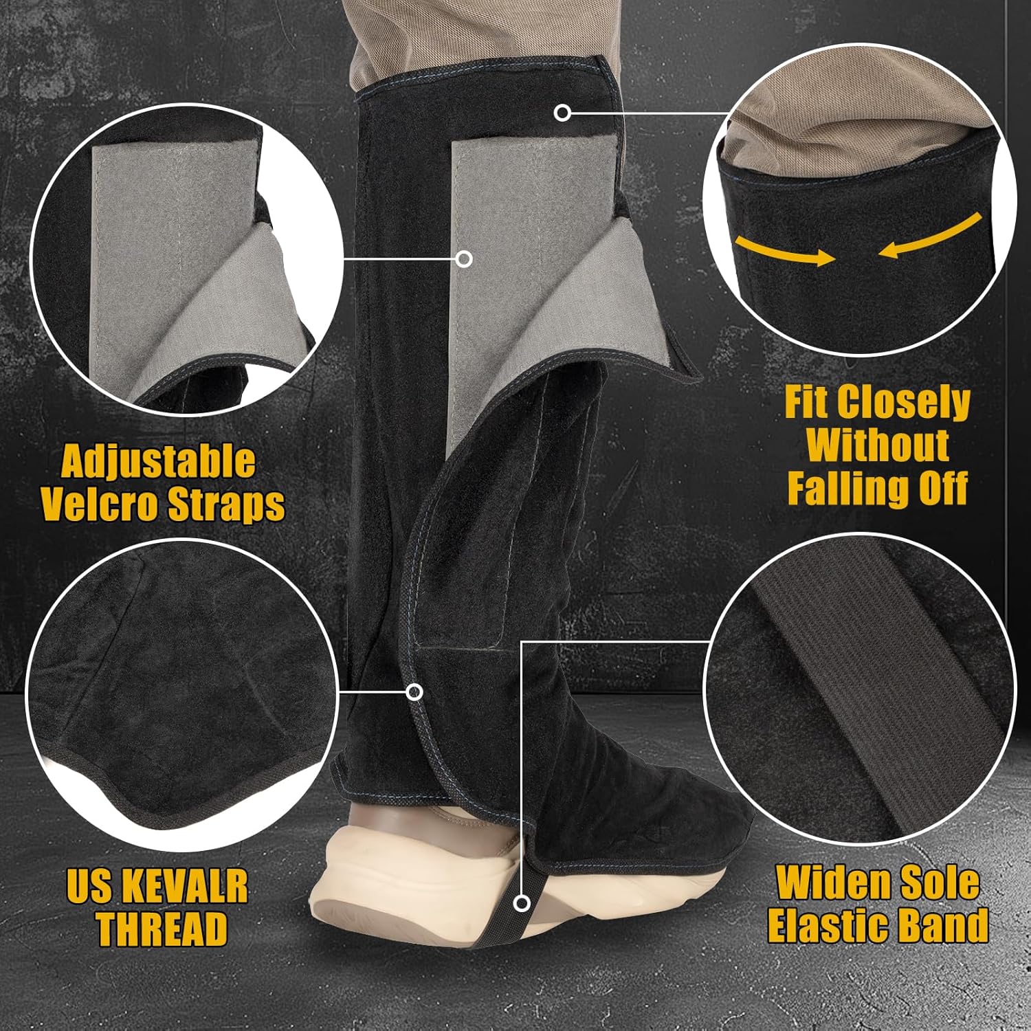 Leather Welding Spats, Extra Long Real Cow Leather Heat & Flame Resistant Welding Gaiters Shoe Covers to Protect Welder's Legs and Boot From Spark in Metal Casting or Cutting, 1 Pair Black - Image 5