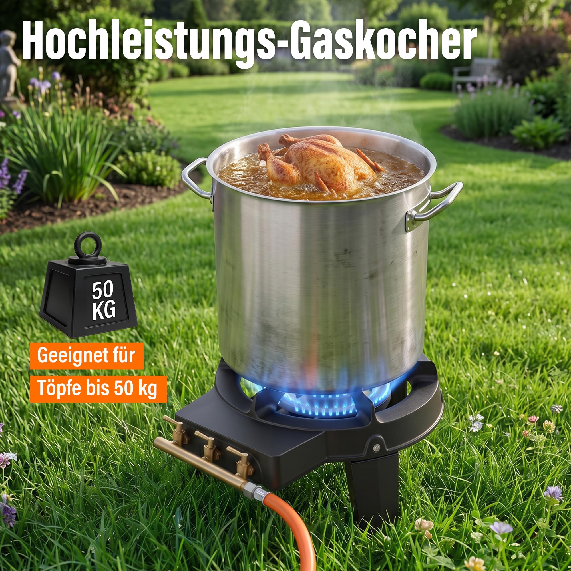 Veralune 9 kW Wokbrenner – Gusseisen Gaskocher mit 3 Füßen, 3 Wasserhähnen & Schlauch mit Druckminderer, leistungsstark für Outdoor, Garten, Camping & BBQ