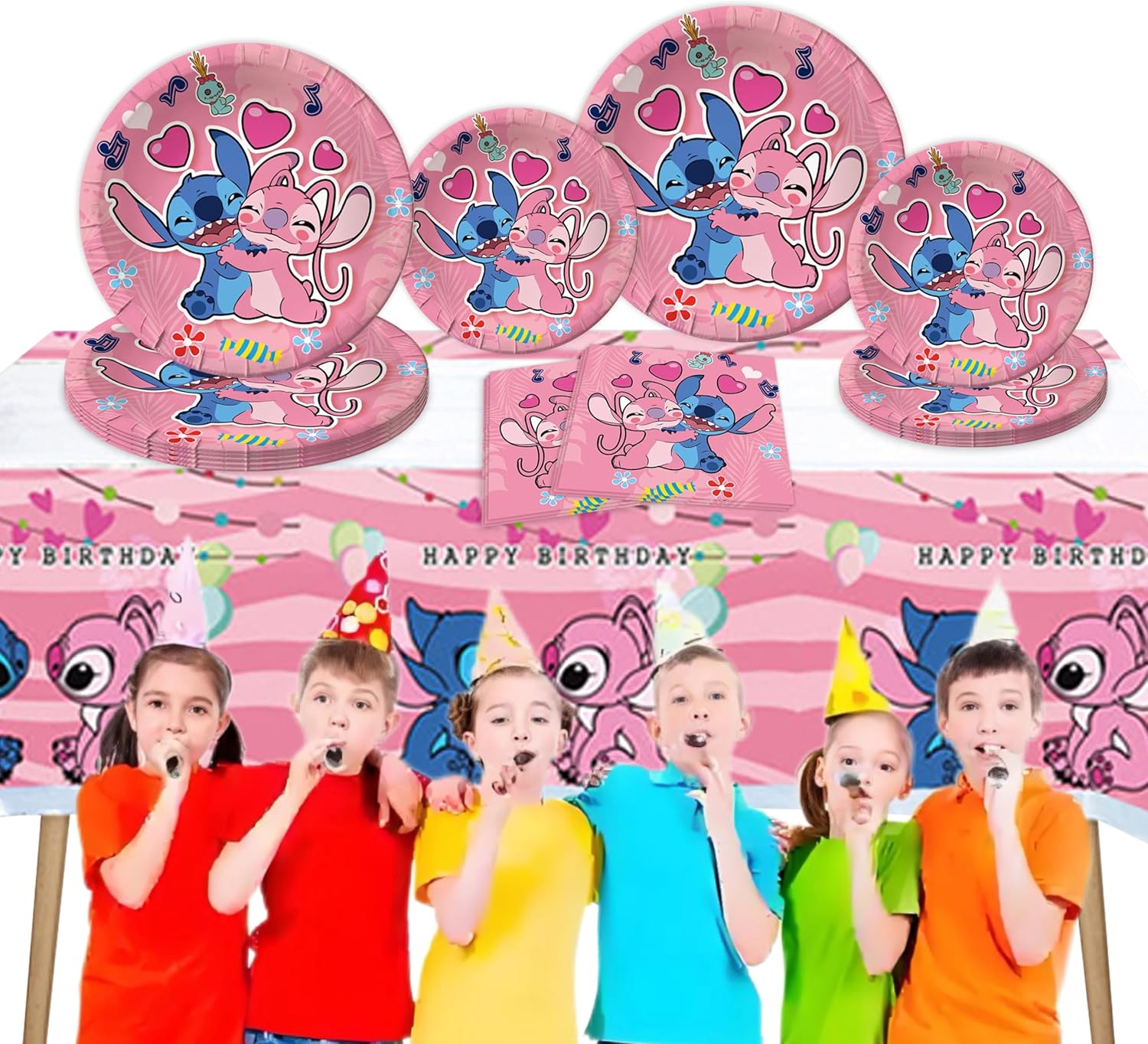 41PCS Pink Stitch Party Set – 20 Plates, 20 Napkins & 1 Tablecover. Perfect for Stitch-themed birthdays! Features cute pink Stitch prints, durable plates, and easy cleanup. Ideal for kids’ parties! - Image 4