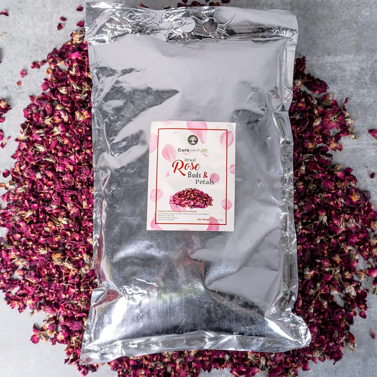 Cure With Pure Dried Rose Buds & Dried Rose Petals 1LB Edible Rosebuds & Dried Roses For Tea, Baking, Relaxing Bath, Rose Water, & Potpourri Handpicked, Preservative Free Edible Dry Rose Petals