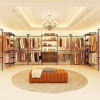 Vista 8 de Sistema de armario T3 con luz LED regulable continua, perchero industrial de tubería con 4 cajones, 6 estantes de madera y 4 varillas telescópicas