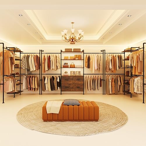 Miniatura 8 de Sistema de armario T3 con luz LED regulable continua, perchero industrial de tubería con 4 cajones, 6 estantes de madera y 4 varillas telescópicas