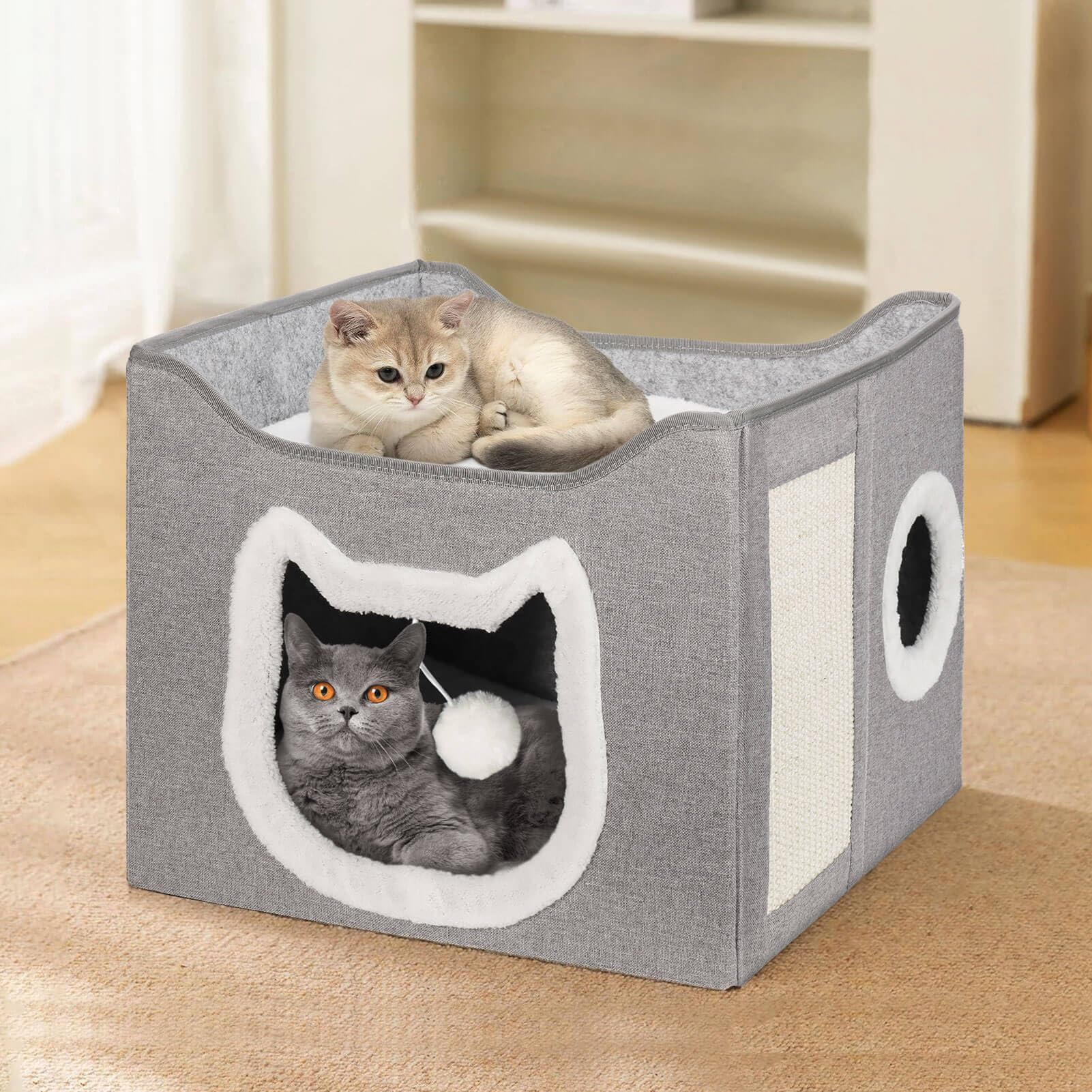 Niche pour chat d'intérieur - Grand lit pliable avec griffoir et grotte - Igloo semi-fermé pour chats et petits chiens - Gris
