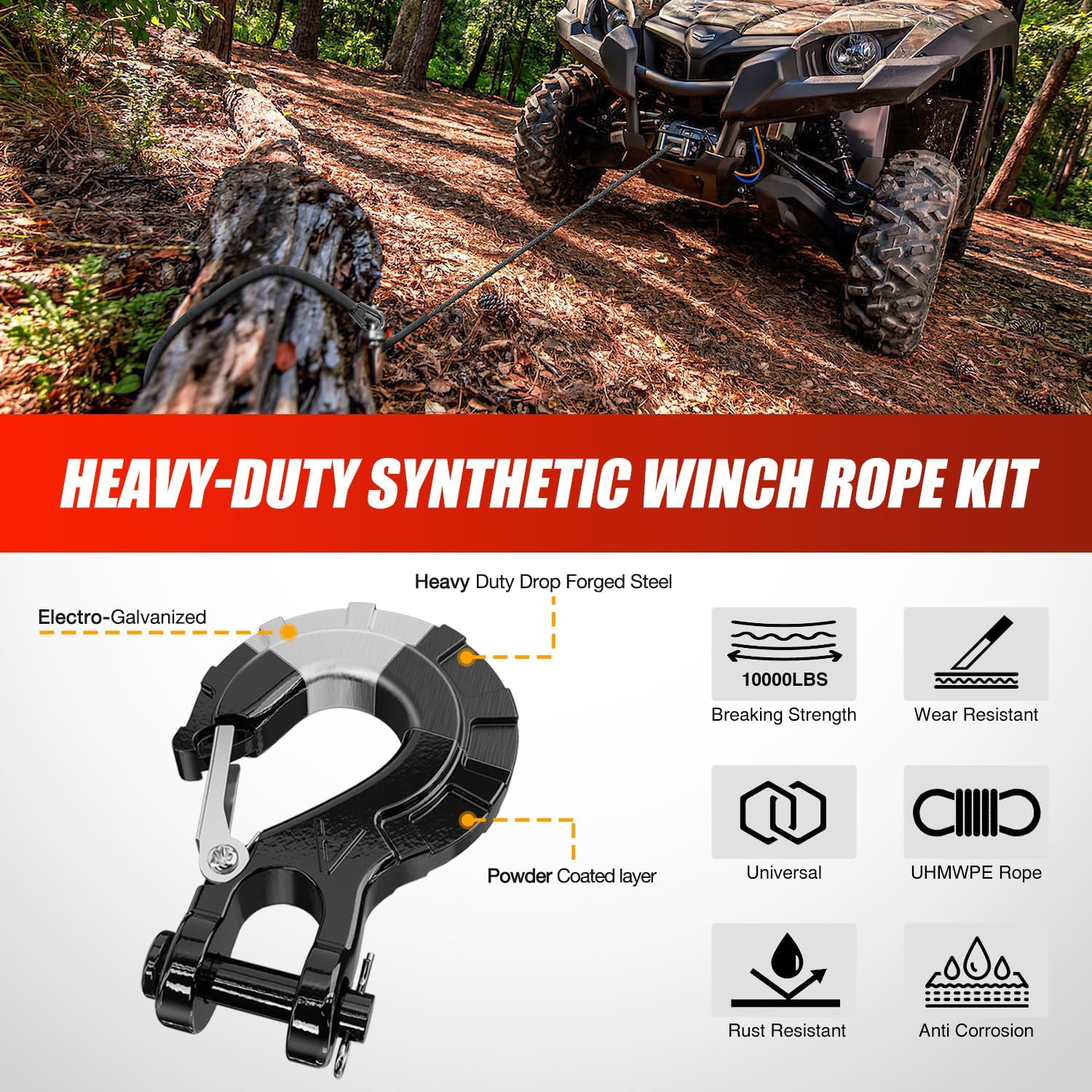 Nilight Winch Rope 1/4 Inch x 50 Ft Synthetic Winch Line Cable Kit Universal for ATV UTV Offroad Vehicle 10000 lbs Black Winch Line Ropes with Protective Sleeve+ Forged 35000lb Winch Hook+Safety Strap