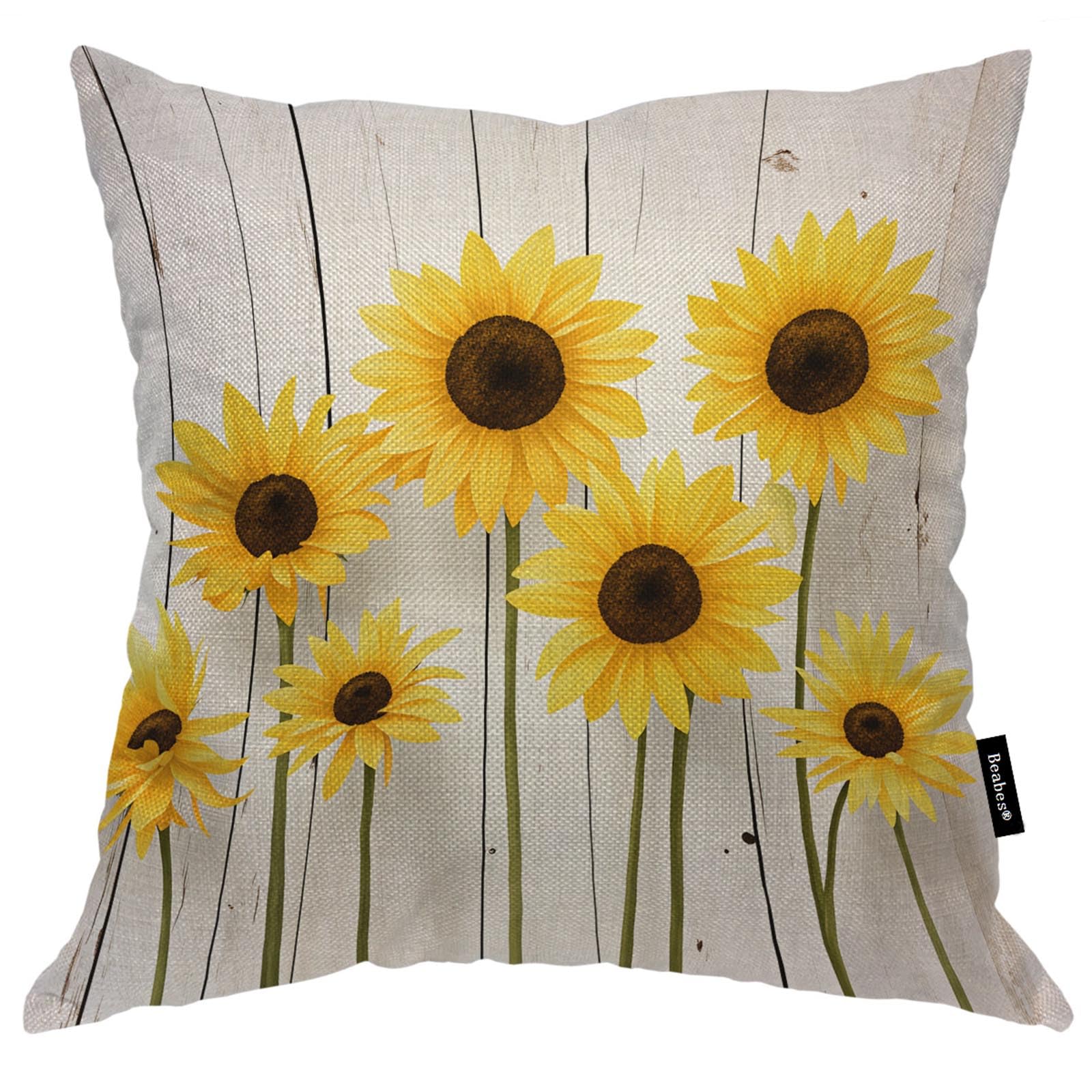 Beabes Pillow Cover Sunflowers, Rural Sunflower Farmhouse Wood Board Decorative Square Pillowcases Cotton Linen Cushion Cover 18x18 Inch for Sofa Bedroom Accessories Home Car Office