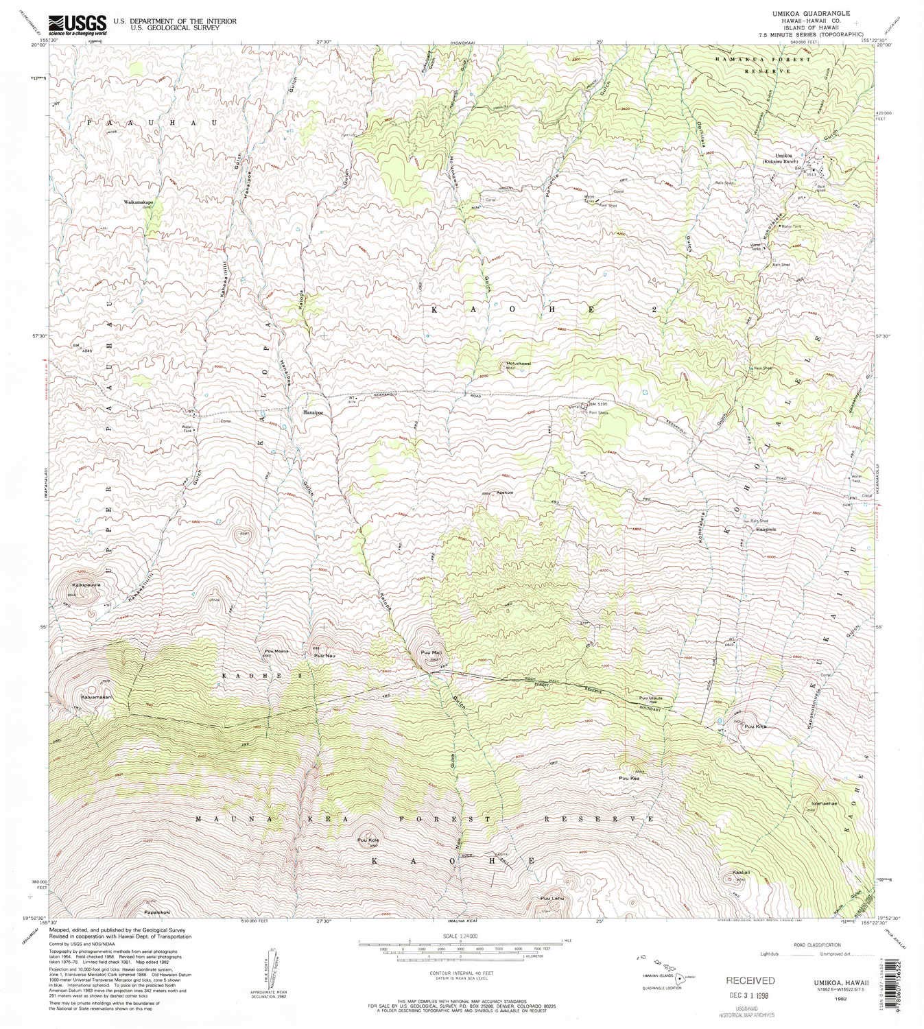 YellowMaps Umikoa HI topo map, 1:24000 Scale, 7.5 X 7.5 Minute, Historical, 1982, Updated 1982, 26.7 x 24 in