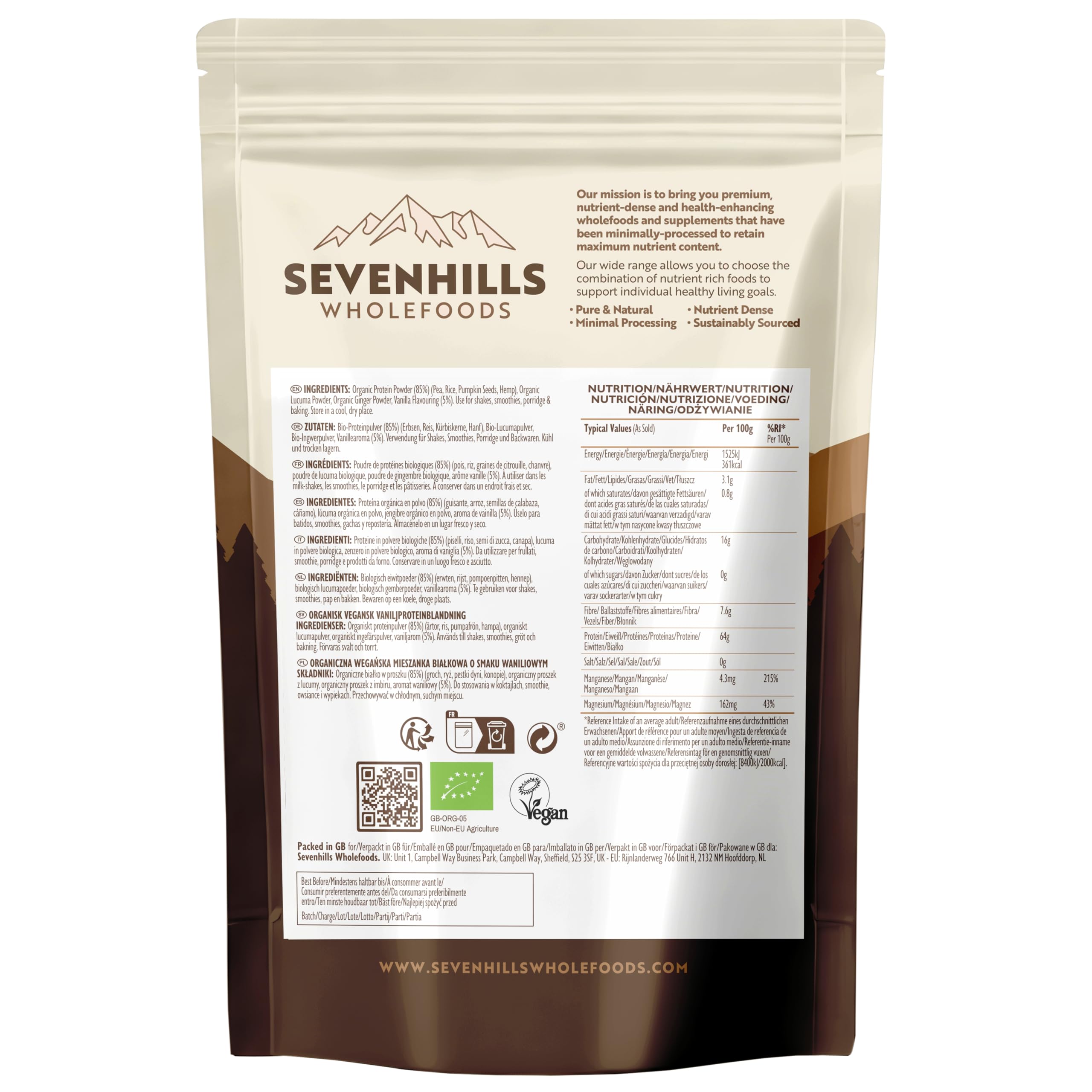 Sevenhills Wholefoods Proteine ​​Vegane in Polvere Biologiche Zenzero e Vaniglia | 30 porzioni, 22 g di proteine ​​per porzione | Proteine ​​di piselli, riso, zucca e canapa | 1,05 kg