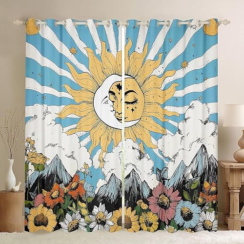 Miniatura 14 de Erosebridal Cortinas de flores hippie para decoración de cumpleaños, cortinas opacas lindas con diseño floral de arcoíris, 84 pulgadas de ancho x 84