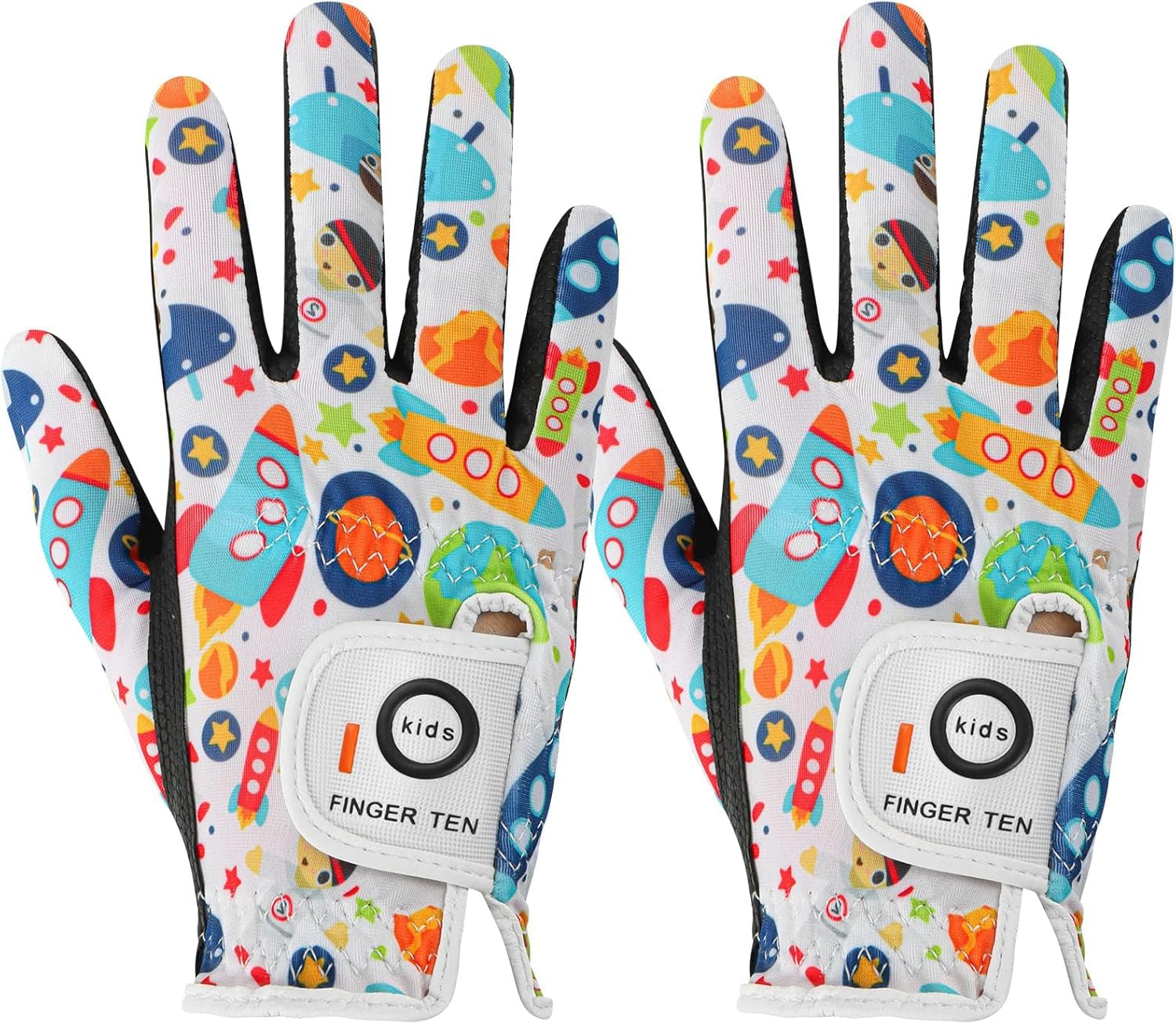 FINGER TEN Golf Gloves Kids Youth All Weather Soft for Left Right Hand Rain Grip Breathable Value 2 Pack, Golf Gloves Kid for Wear-Resistant Non Slip (White, Small, Right)