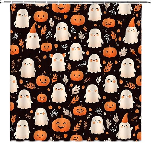 Miniatura 3 de Cortina de ducha de fantasma de Halloween, diseño de calabaza espeluznante, hojas retro, divertida tela de dibujos animados para decoración de baño,