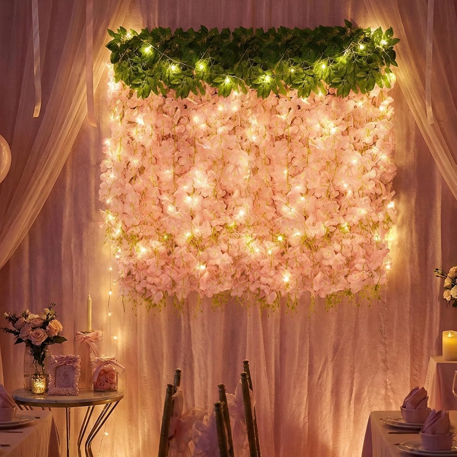 24 PCS Wisteria Hanging Flowers with Lights, 3.6ft Fake Vines Artificial Wisteria Garland Silk Flower String for Wedding Arch Garden Party Home Ceiling Wall Backdrop Tent Decoration (Light Pink)