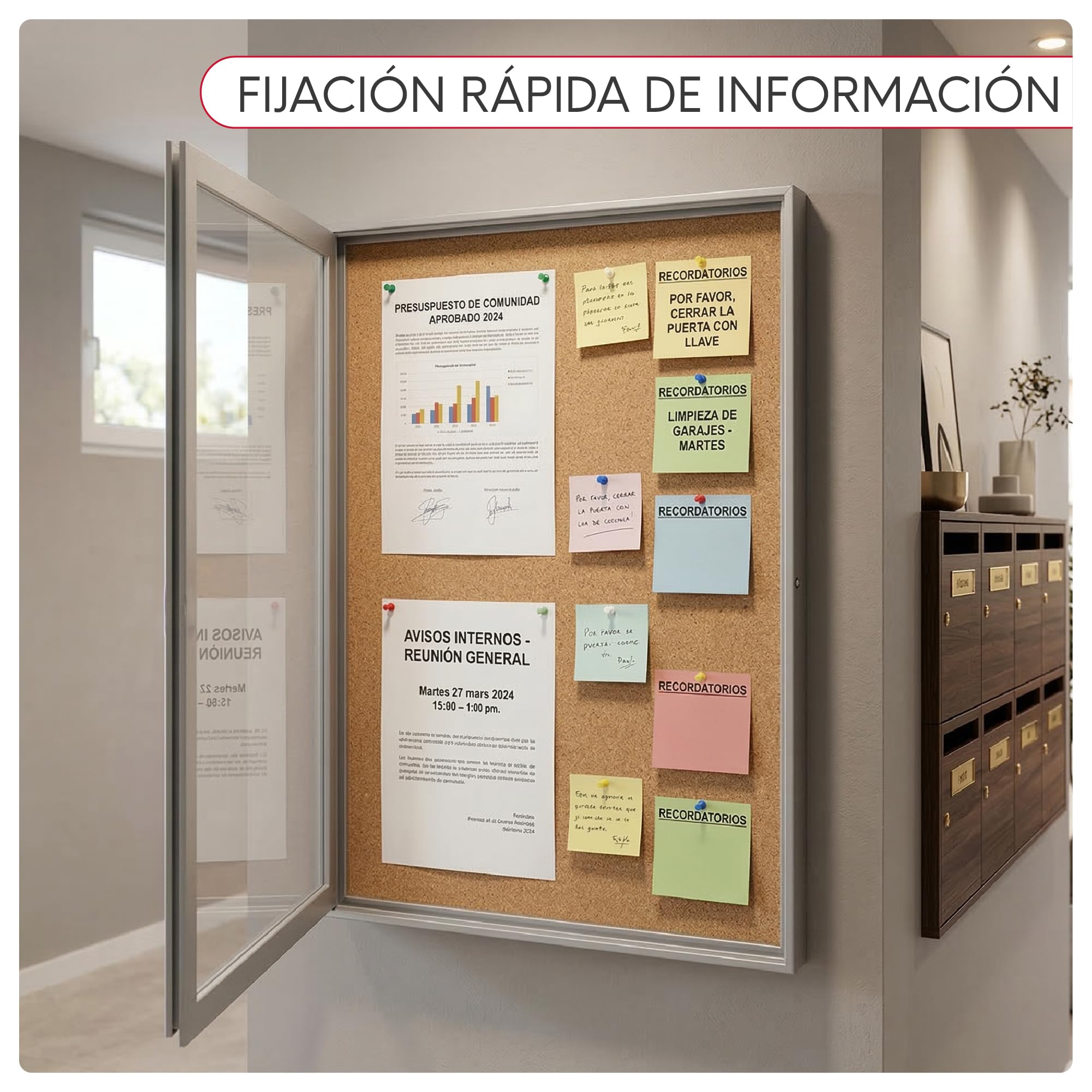 Tablón de Anuncios con fondo de Corcho, Panel de Anuncios de Aluminio con Cerradura (500x700mm)