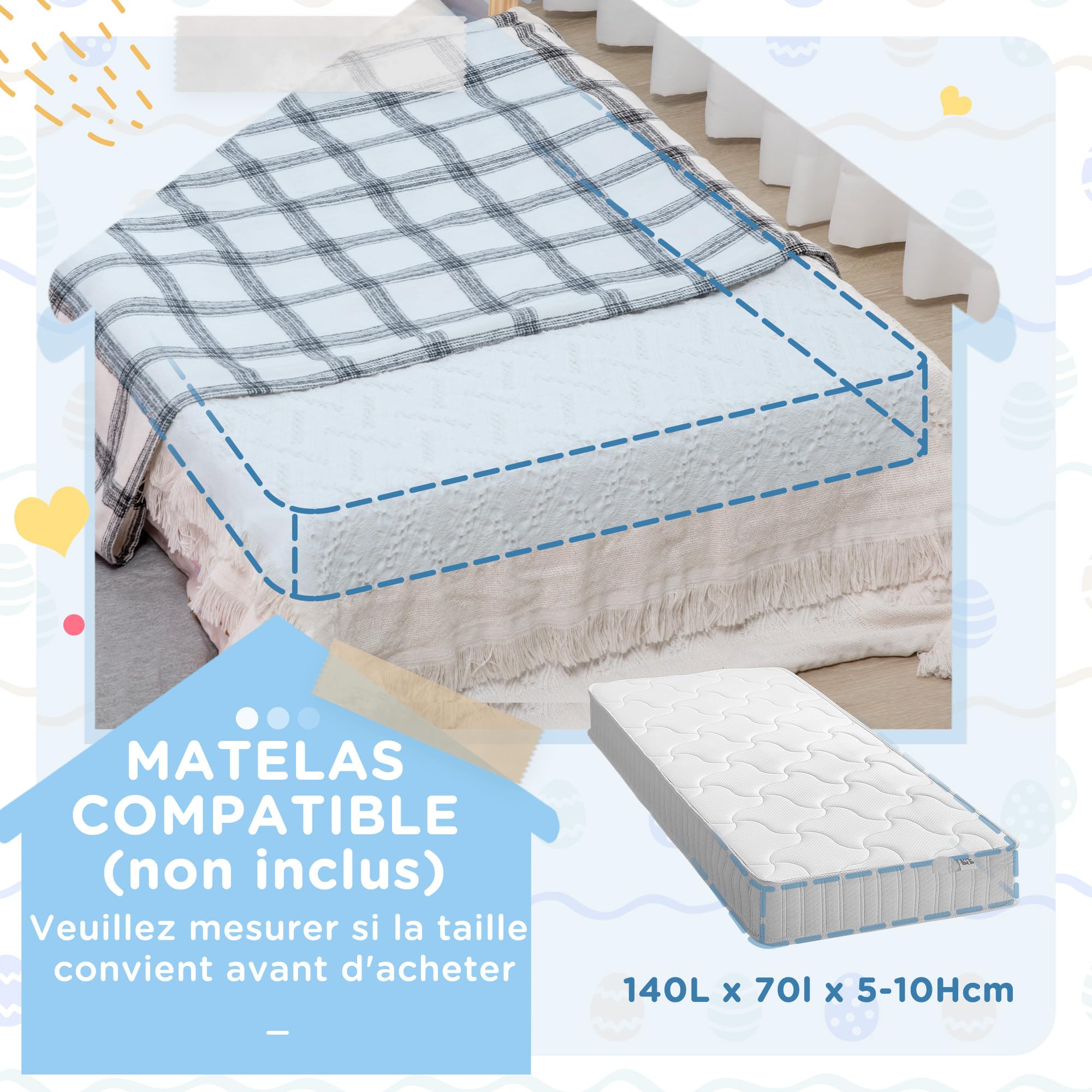 ZONEKIZ Lit pour Enfants 3 à 6 Ans Design Étoiles et Lune 143 x 76 cm Gris