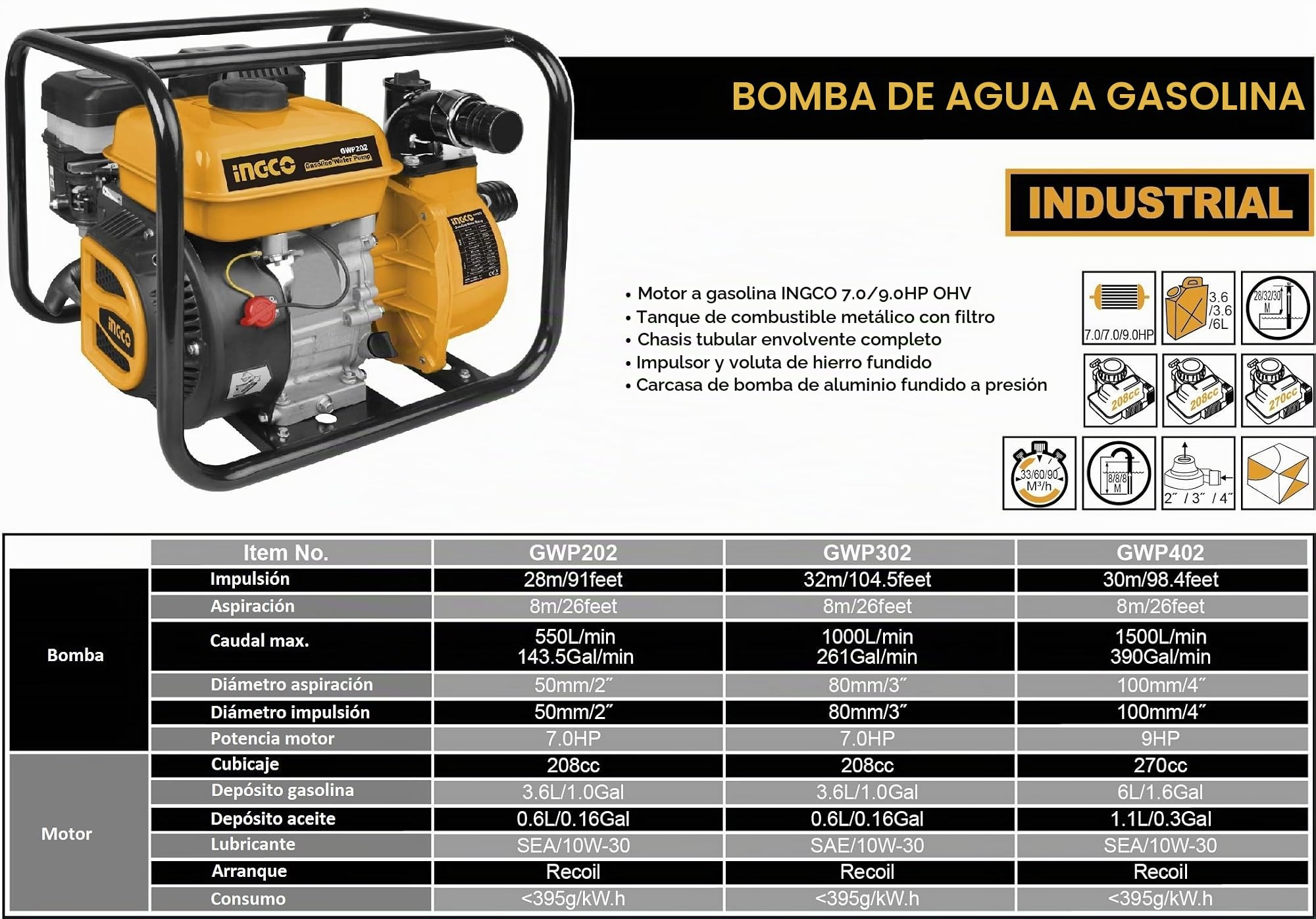 Ingco - Motobomba de Gasolina Gwp402 9 HP 90.000L/Min - Hierro Fundido - Above Ground - Plata
