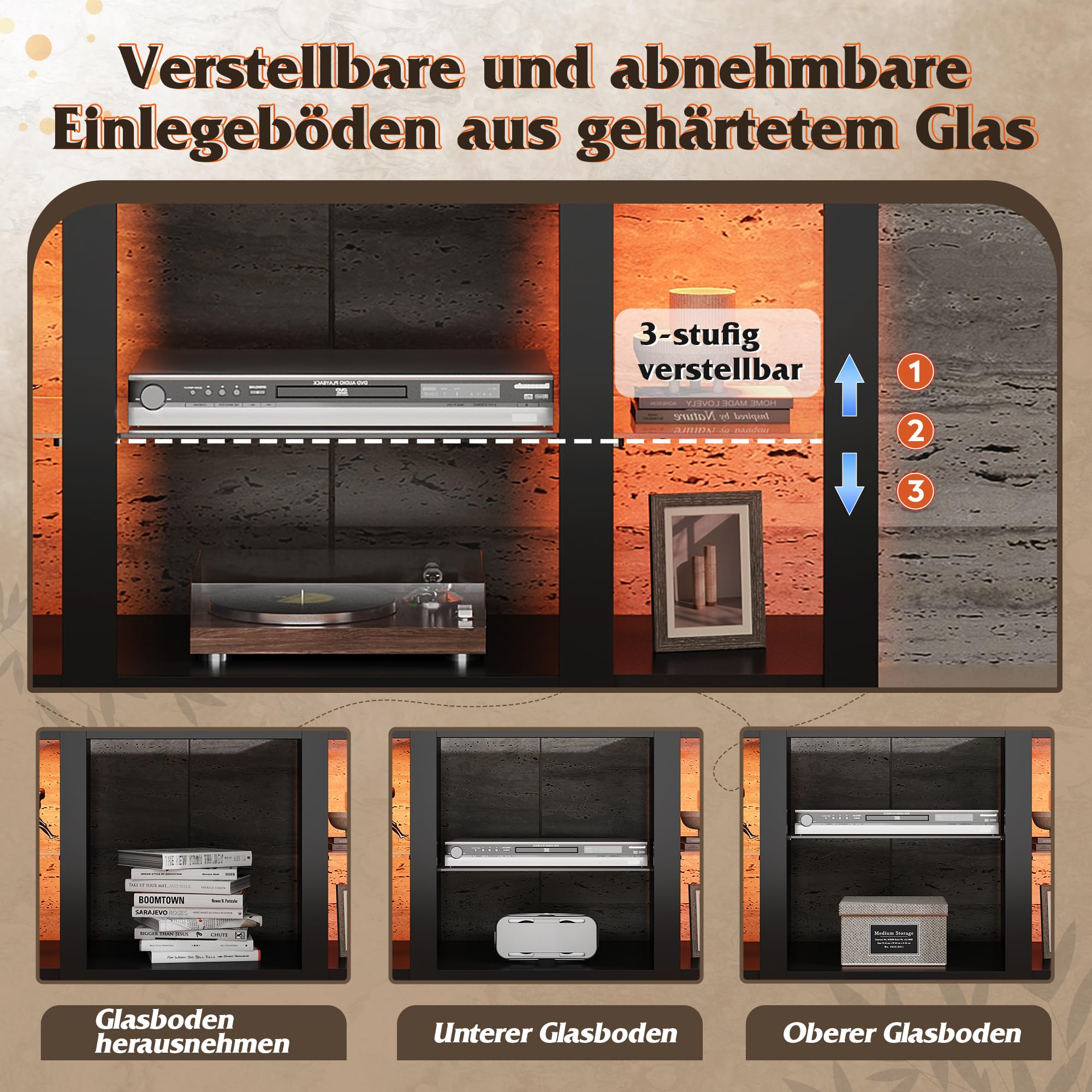 WLIVE TV Schrank, Lowboard Schwarz mit 22 Farben RGB Fernsehschrank, Fernsehtisch Klein mit Verstellbaren Glasböden, Sideboard für Wohnzimmer Schlafzimmer, Schwarz, 100 x 40 x 56 cm