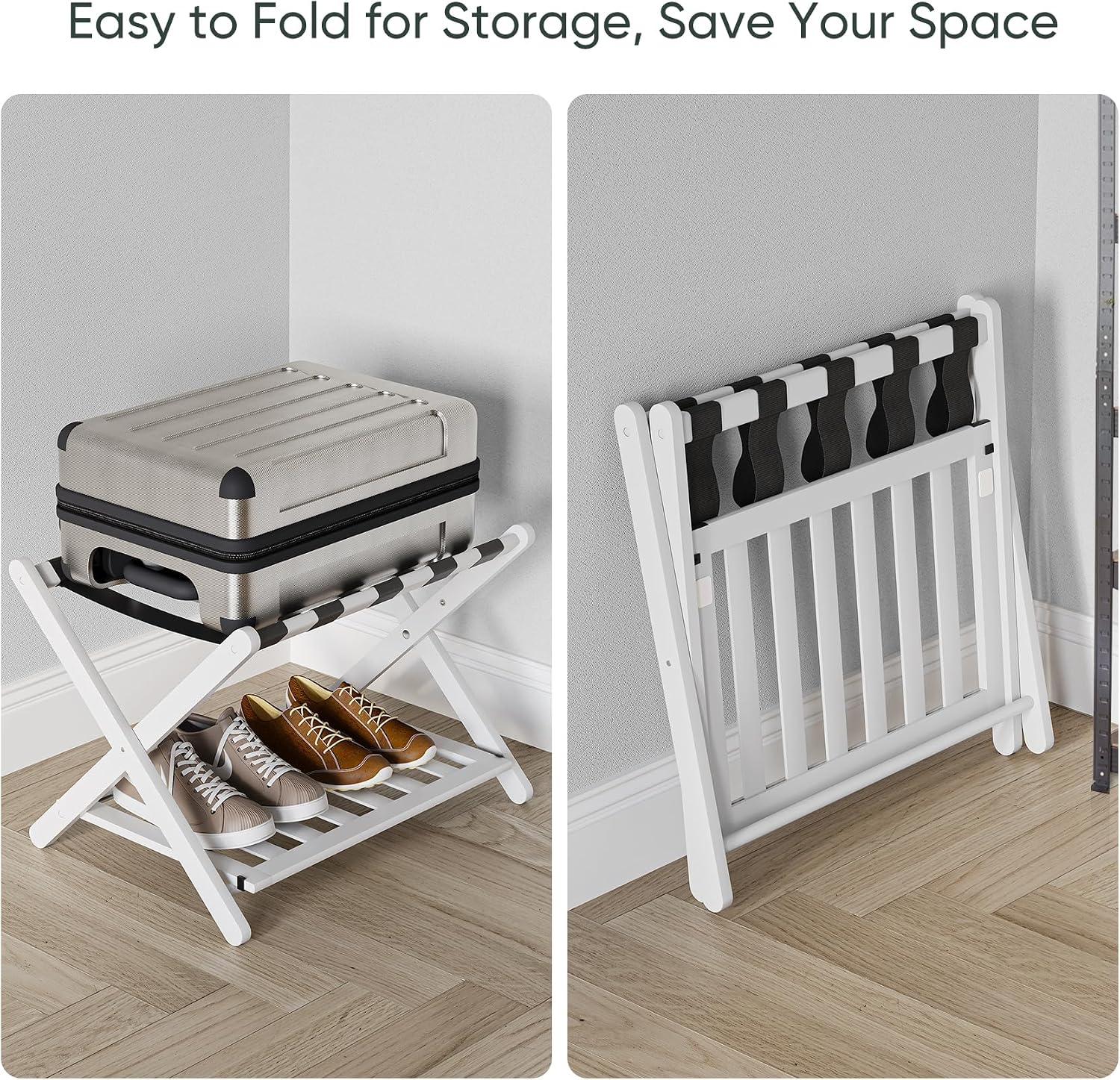 Fully Assembled White Luggage Rack, Folding Bamboo Suitcase Stand with Shoe Shelf, 5 Nylon Straps Large Luggage Stand, Heavy Duty Design, For Guest Room, Hotel, Bedroom