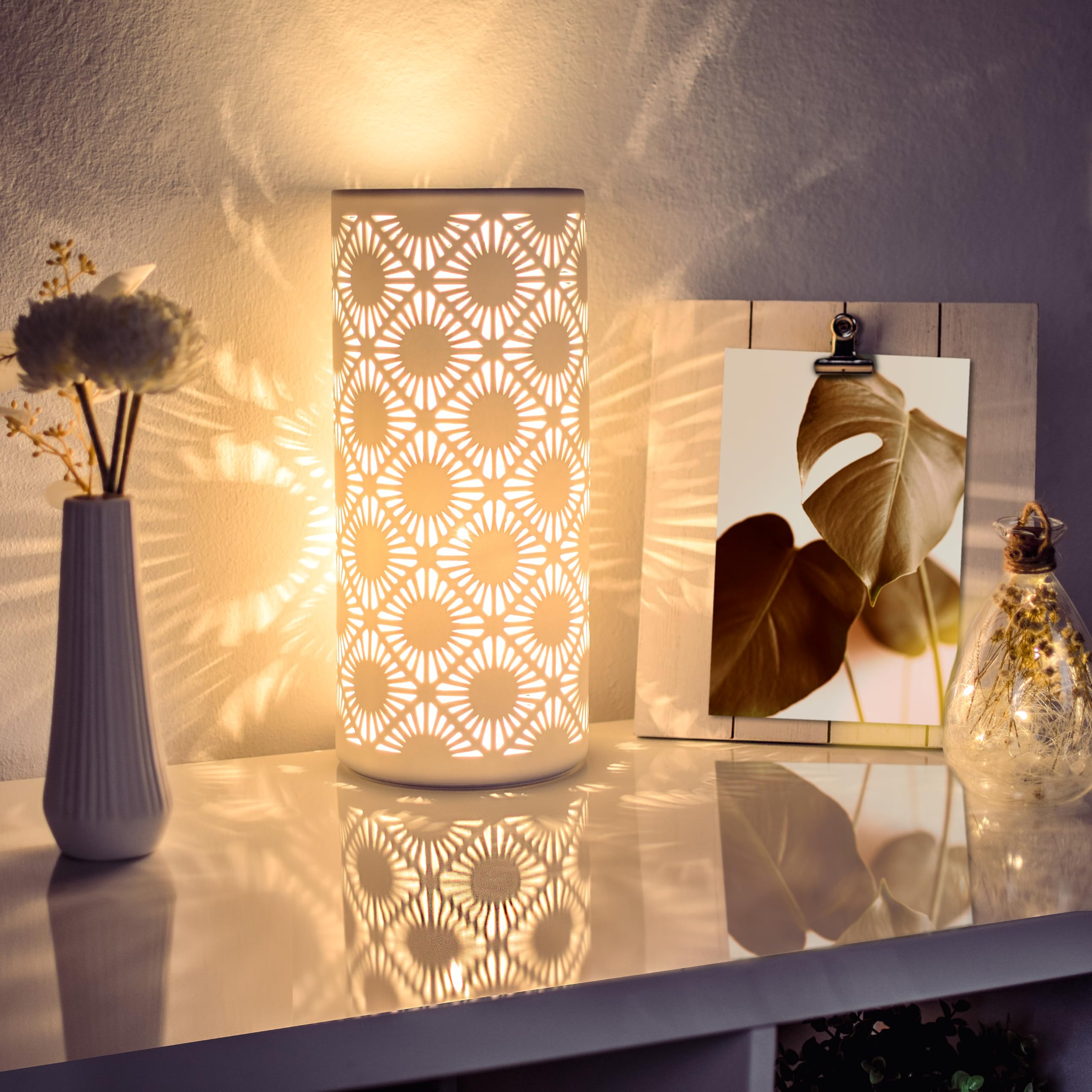 VOLIOS Ceramic Table Lamp, 6 Watt LED Bulb, White Table Light (Cylinder)