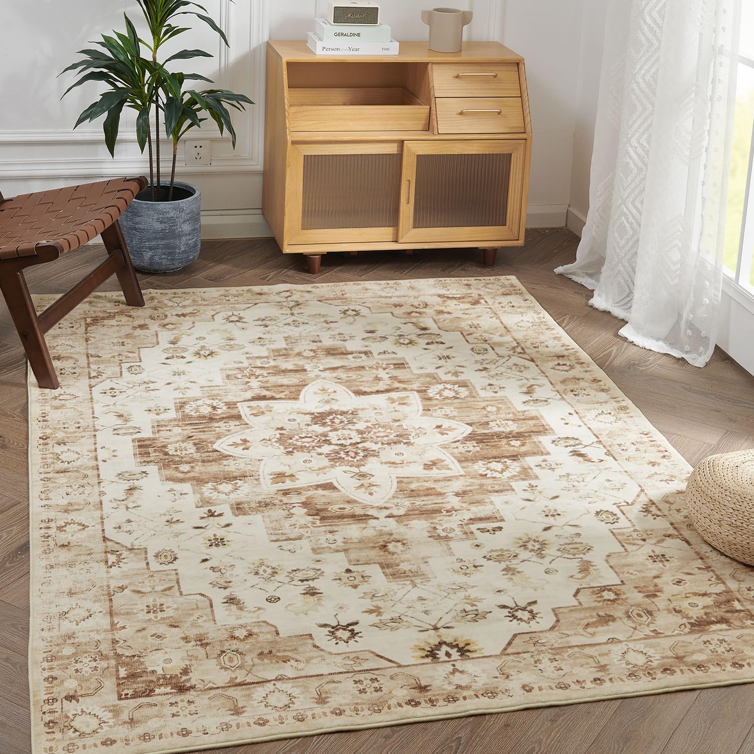 jinchan Area Rug 8x10 Washable Rug Vintage Rug Indoor Floor Print Distressed Carpet Brown Multi Large Accent Rug Lightweight Kitchen Living Room Bedroom Dining Room