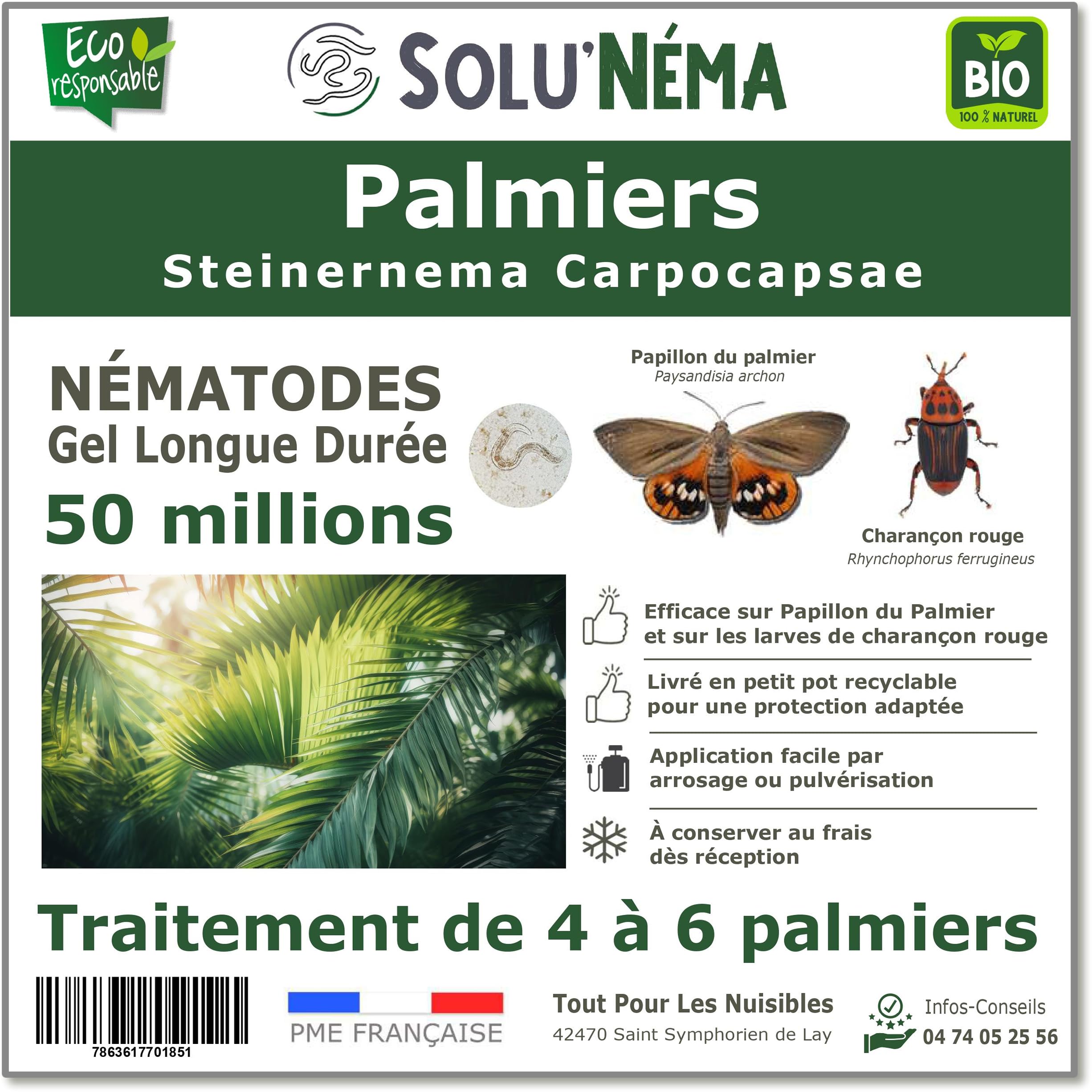 SOLUNEMA - Nématodes Contre le Papillon du Palmier et le Charançon Rouge - 50 millions - Pour 4 à 6 Palmiers