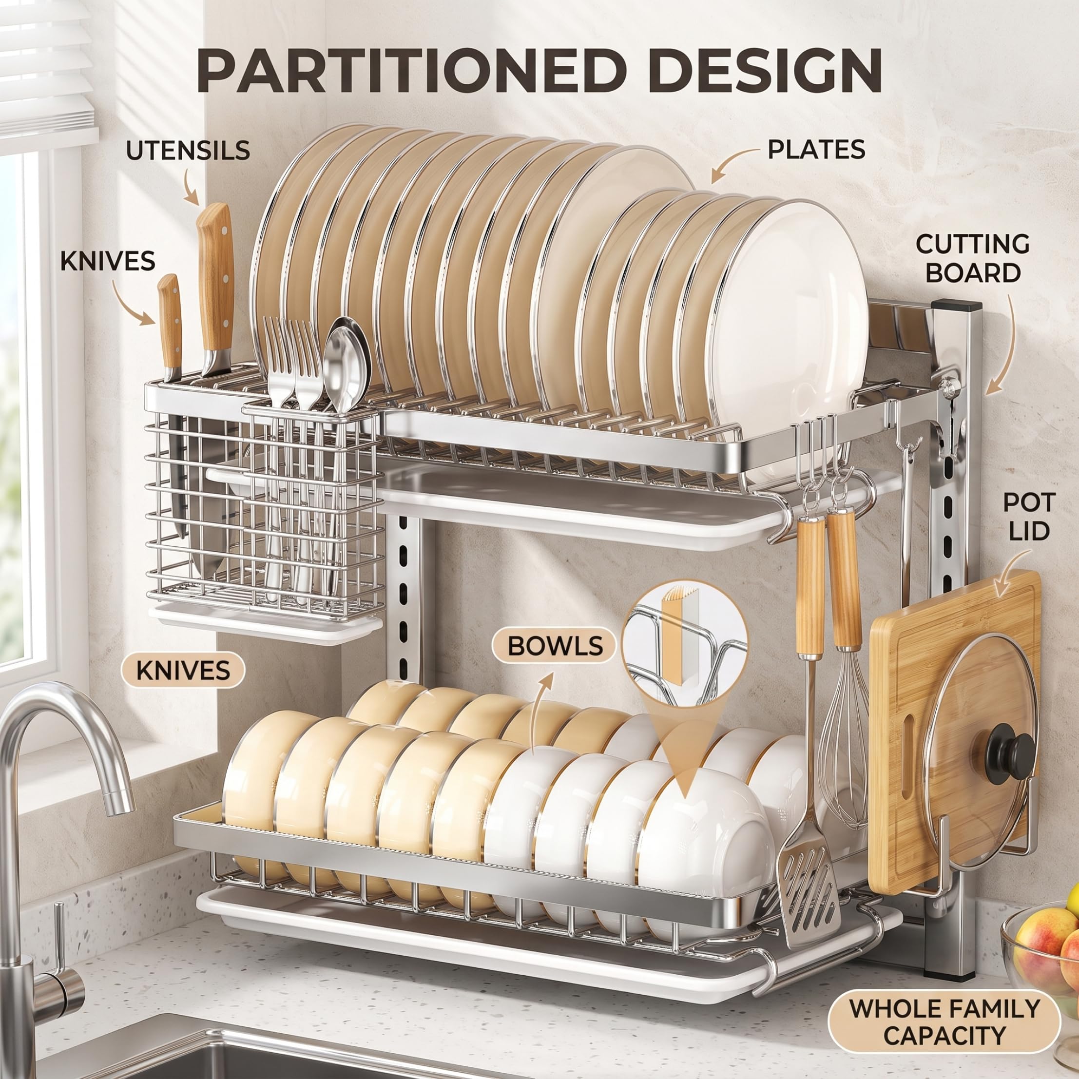 Égouttoir à Vaisselle Mural, égouttoir à Vaisselle 2 Niveaux sur évier, Rangement de vidange en Acier Inoxydable antirouille pour la Cuisine, Argent.