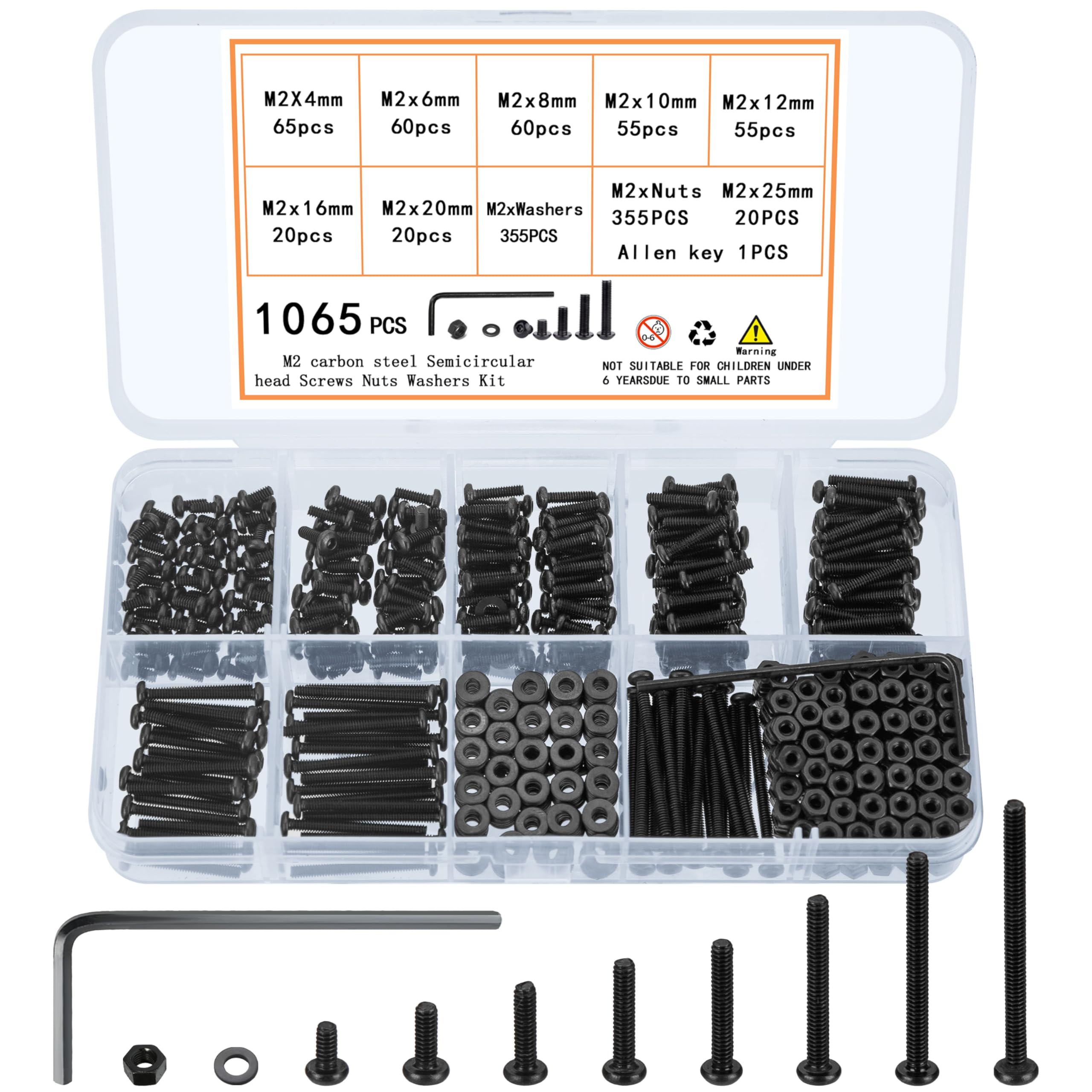 QOOSIKICC 1065 Pcs M2 Screw Assortment, Bolts and Nuts Kit, Hex Socket Button Head Cap Screws and Nuts and Washers Set, Metric Machine Screw