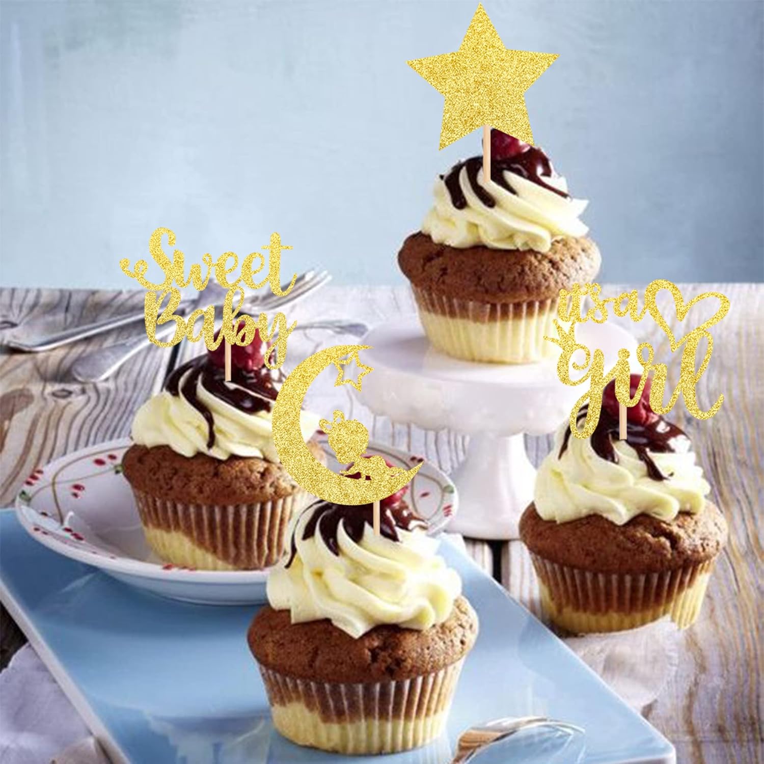 36 PCS It's a Girl Cupcake Toppers with Moon Glitter Star Sweet Baby Gender Reveal Cupcake Picks Baby Shower Kids Girls Birthday Party Cake Decorations Supplies Gold - Image 6