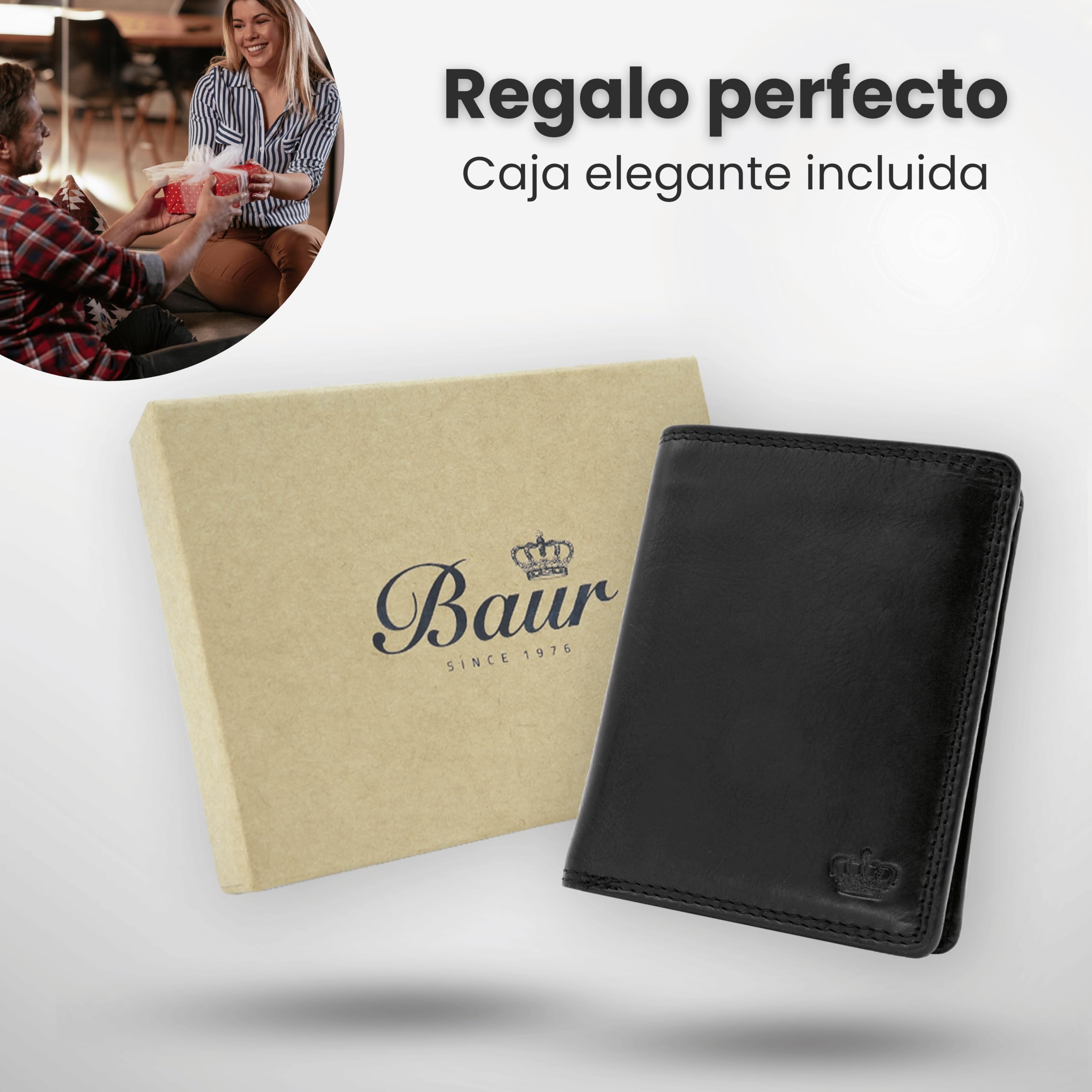 Baur - Cartera de piel auténtica para hombre, con protección RFID, Negro , 10cmx12,6cmx2cm, Clásico