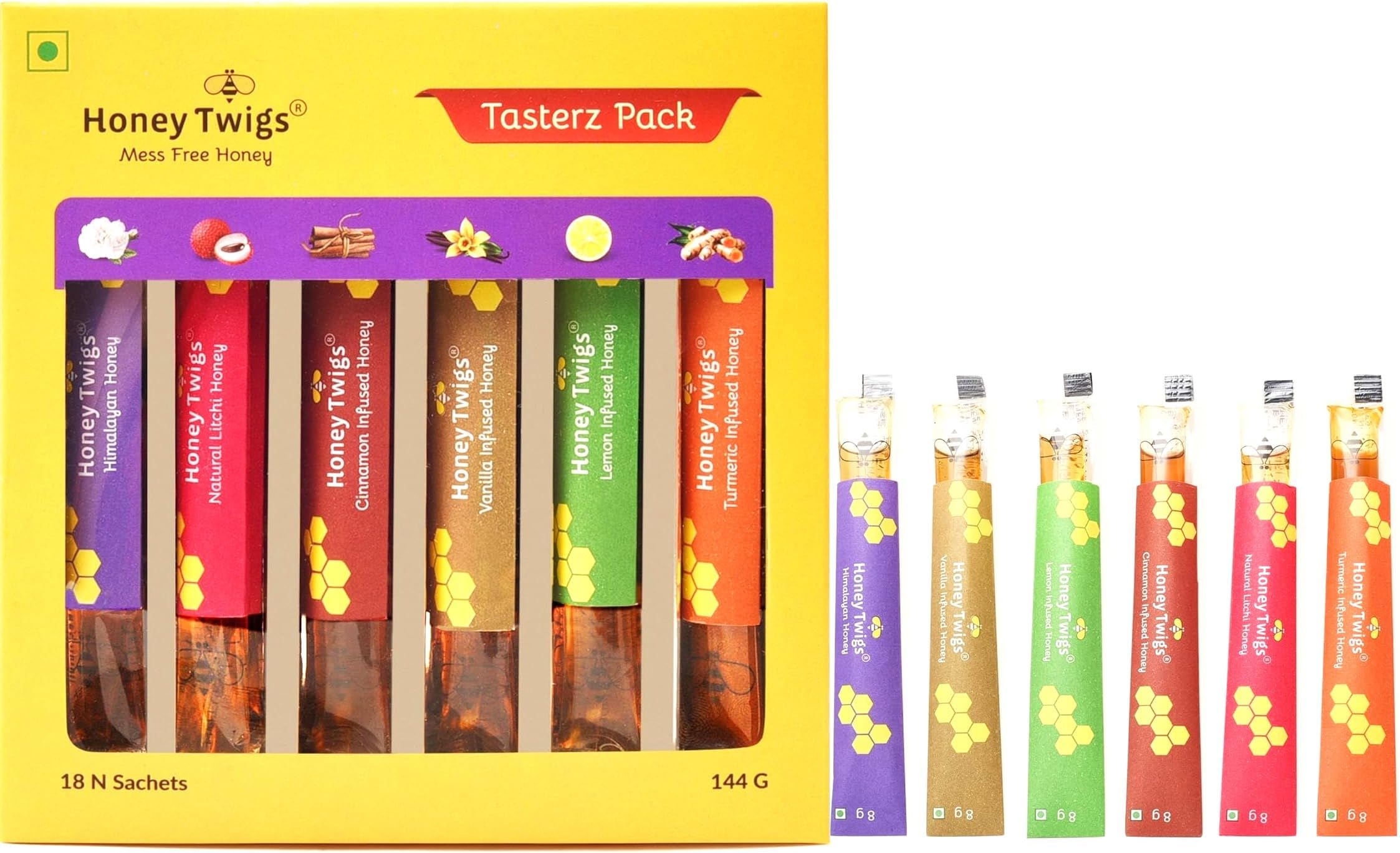 - Honey Twigs Tasterz Honey Combo Pack - Himalayan Multiflora, Litchi, Cinnamon, Vanilla, Lemon and Turmeric Infused Honey : 3 Sachets x 6 flavors |Traceable Source | No Added Sugar